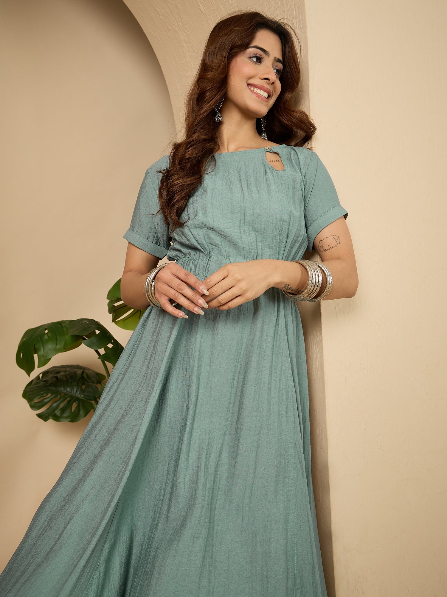 Sea Blue Side Keyhole Neck Dress