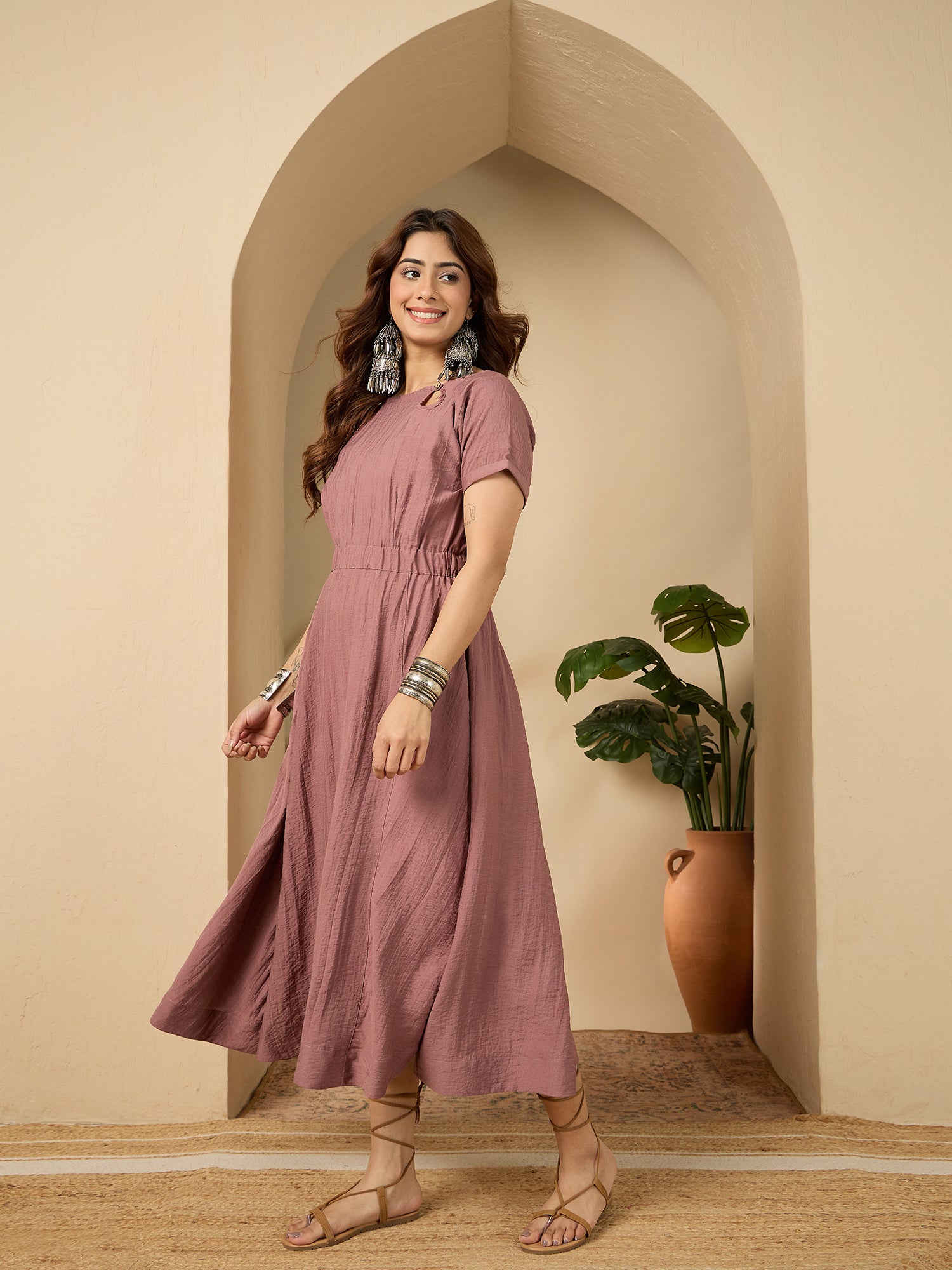 Rose Pink Side Keyhole Neck Dress