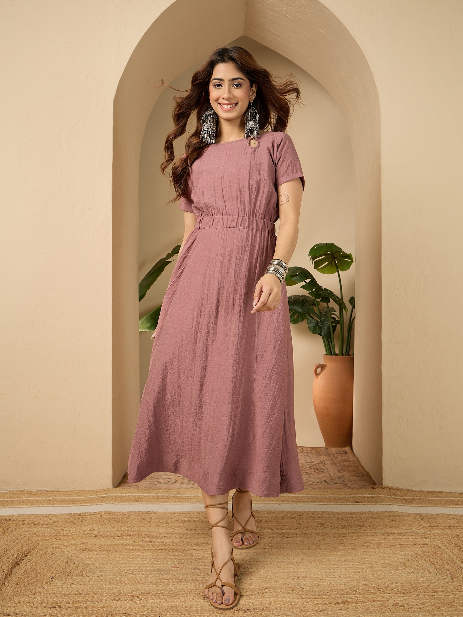 Rose Pink Side Keyhole Neck Dress