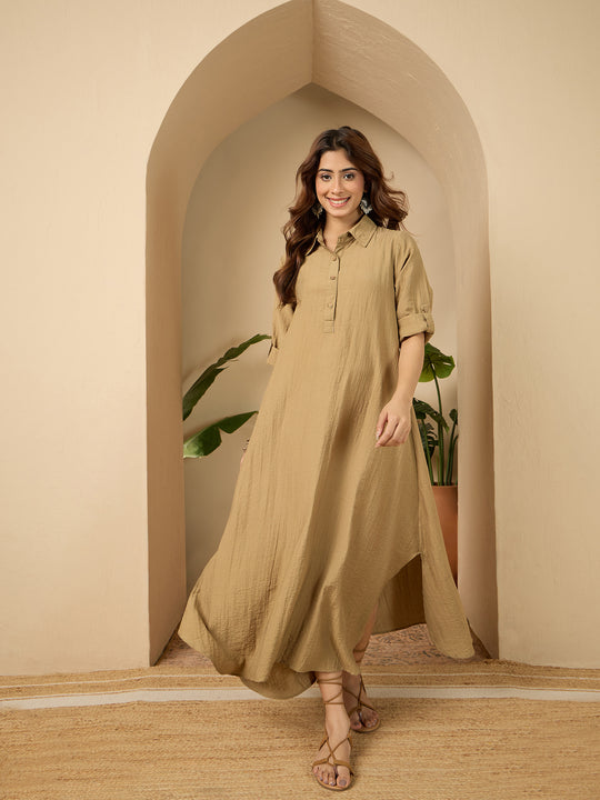 Khaki Shirt Collar Long Dress