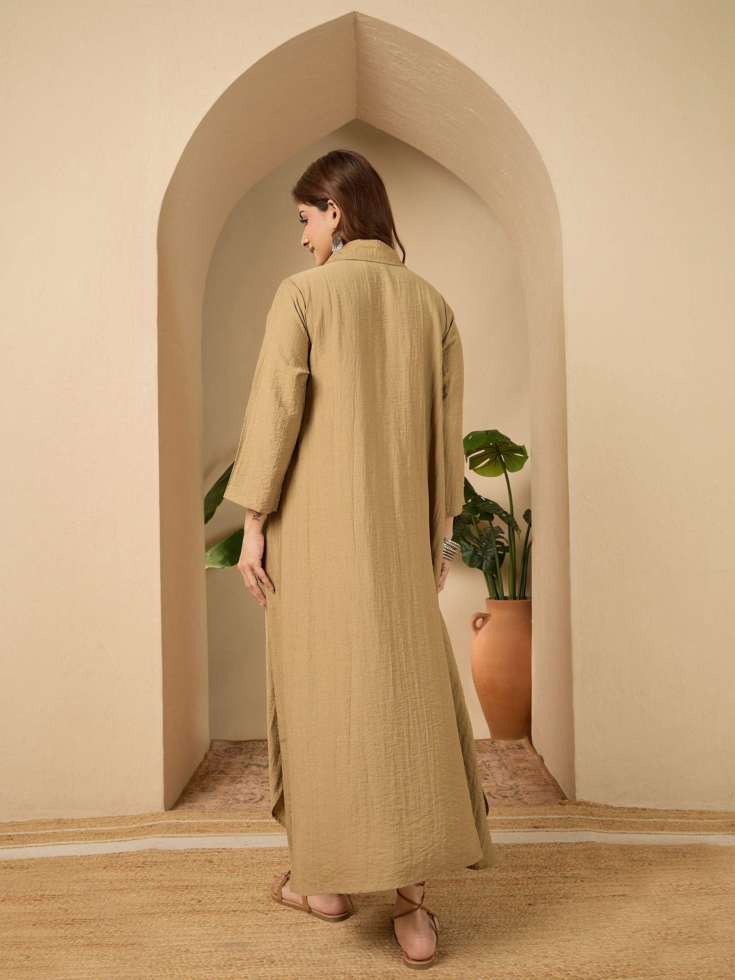 Khaki Shirt Collar Long Dress