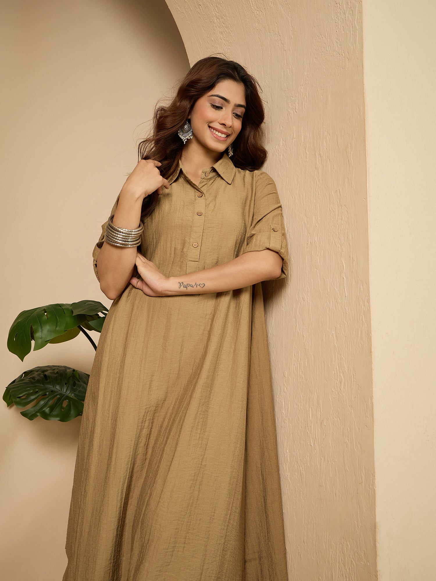 Khaki Shirt Collar Long Dress