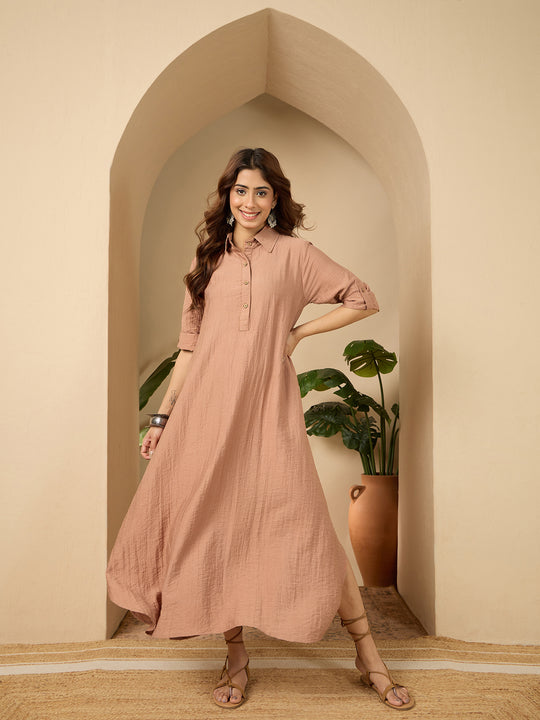 Light Rust Shirt Collar Long Dress