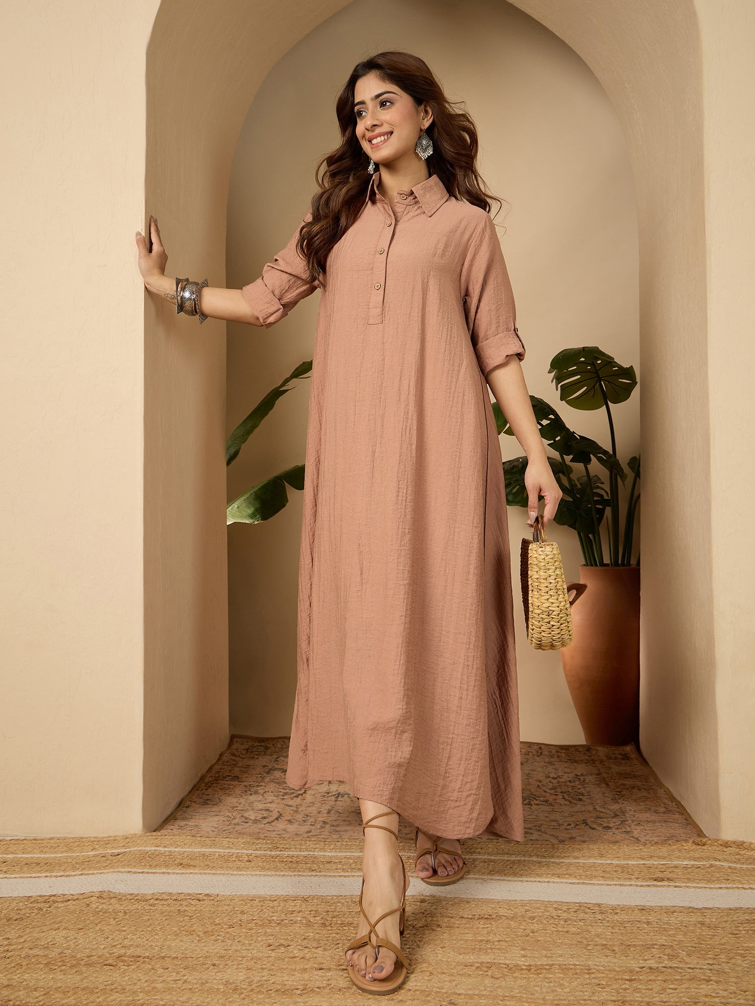 Light Rust Shirt Collar Long Dress