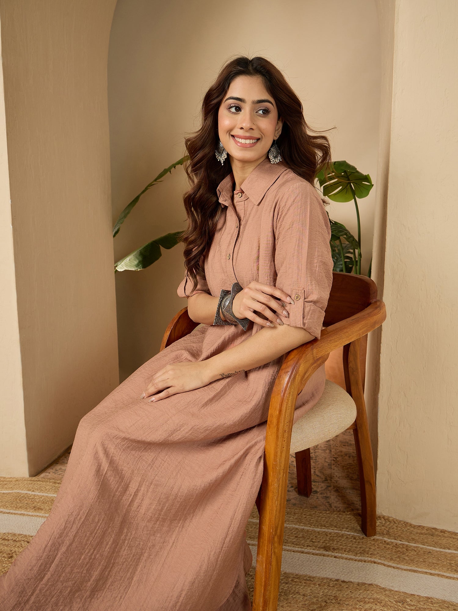 Light Rust Shirt Collar Long Dress