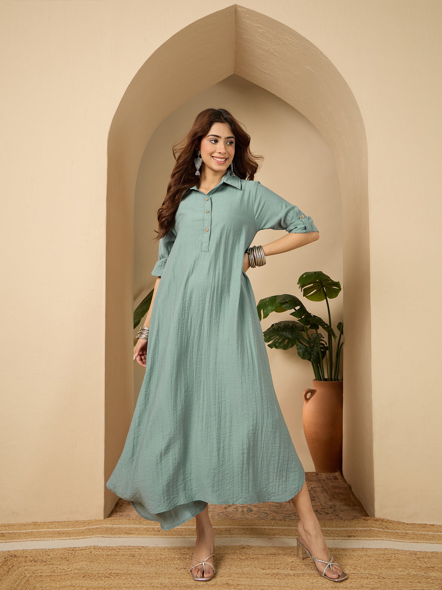 Sea Blue Shirt Collar Long Dress