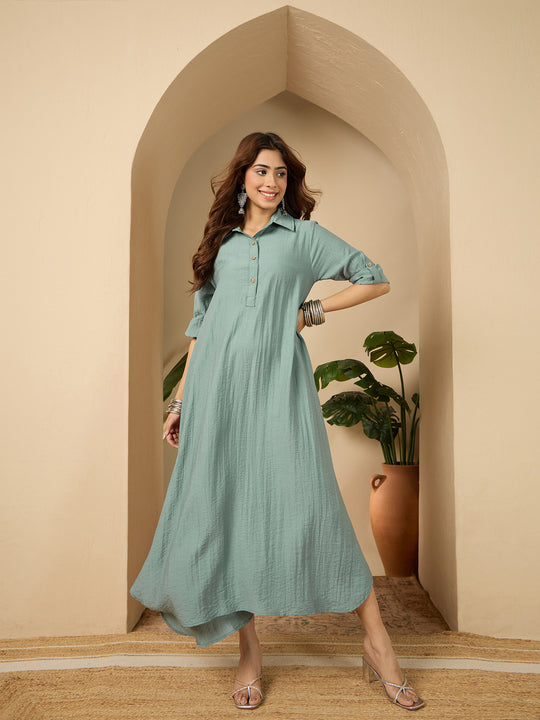 Sea Blue Shirt Collar Long Dress