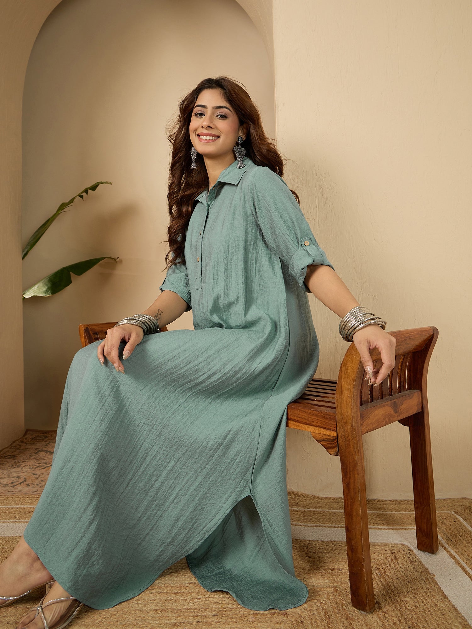 Sea Blue Shirt Collar Long Dress