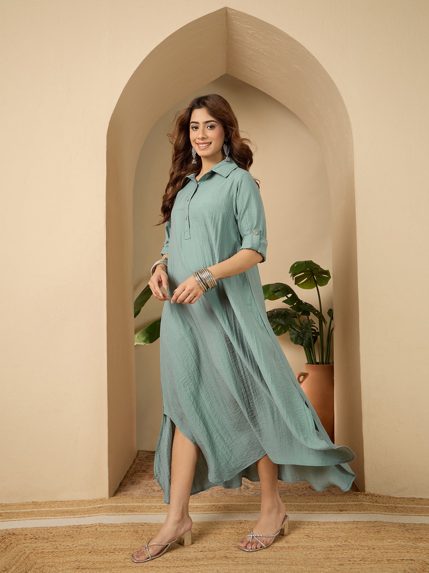 Sea Blue Shirt Collar Long Dress