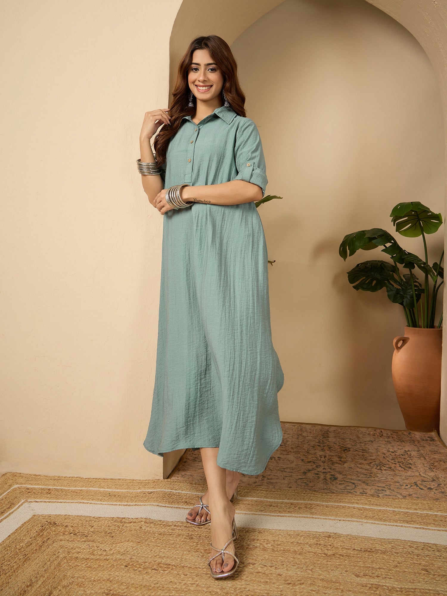 Sea Blue Shirt Collar Long Dress