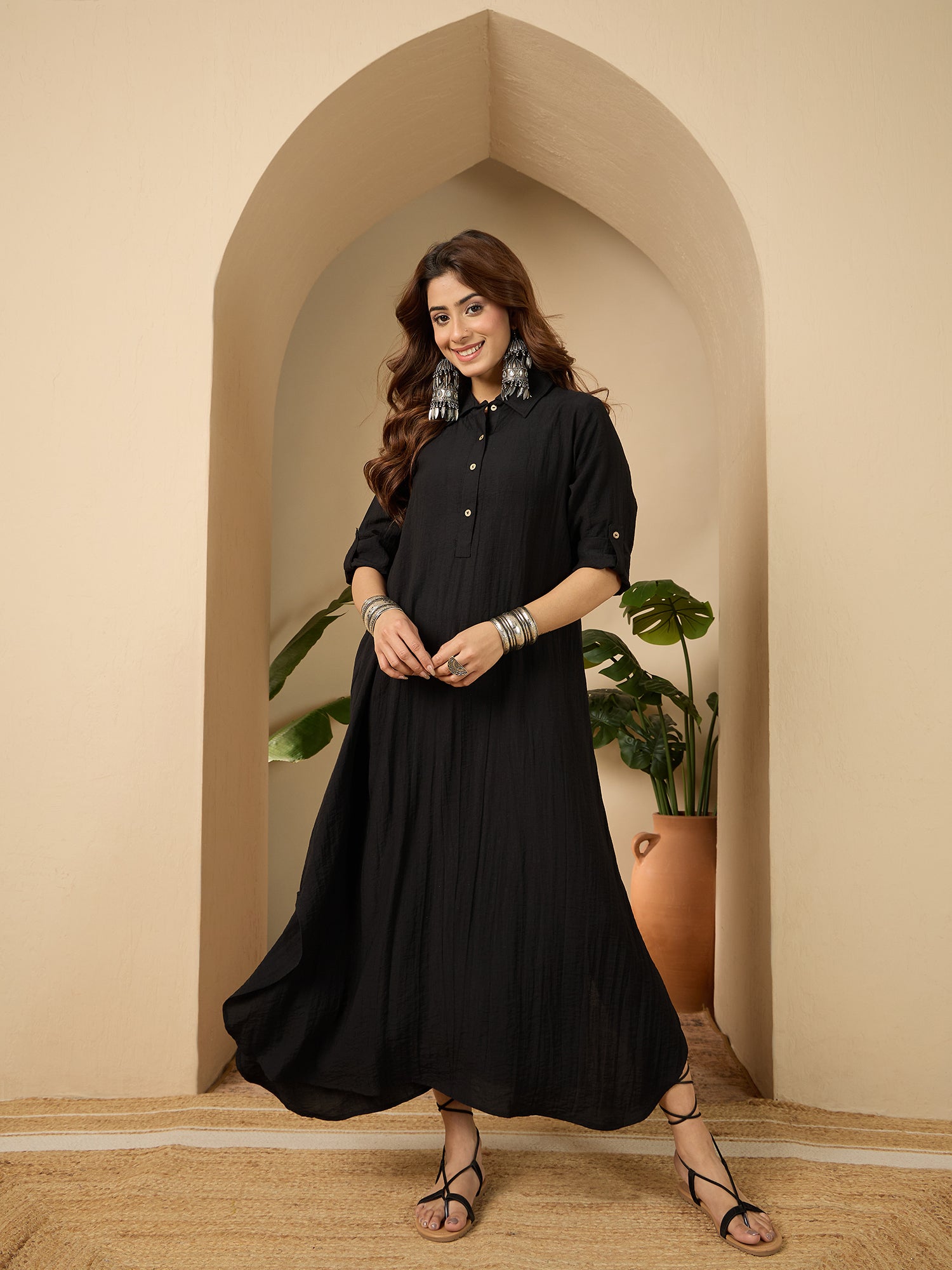 Black Shirt Collar Long Dress