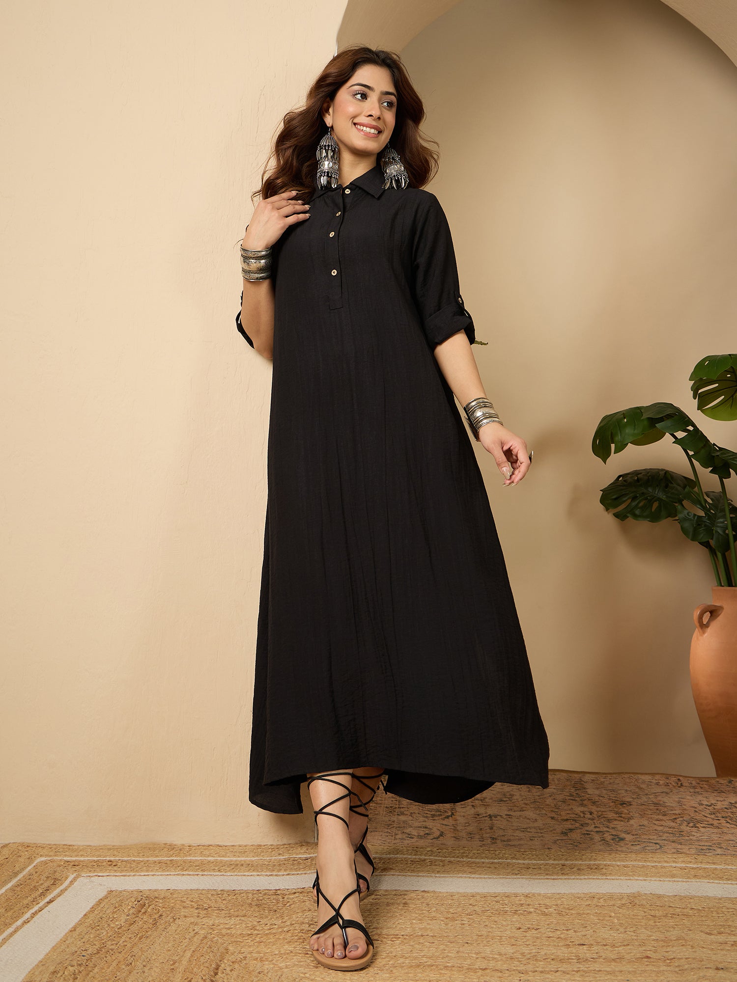 Black Shirt Collar Long Dress