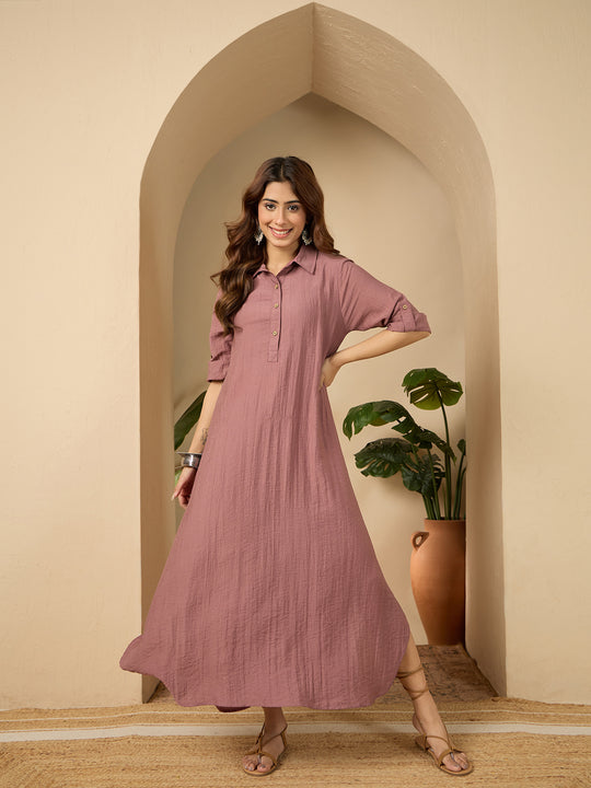 Rose Pink Shirt Collar Long Dress