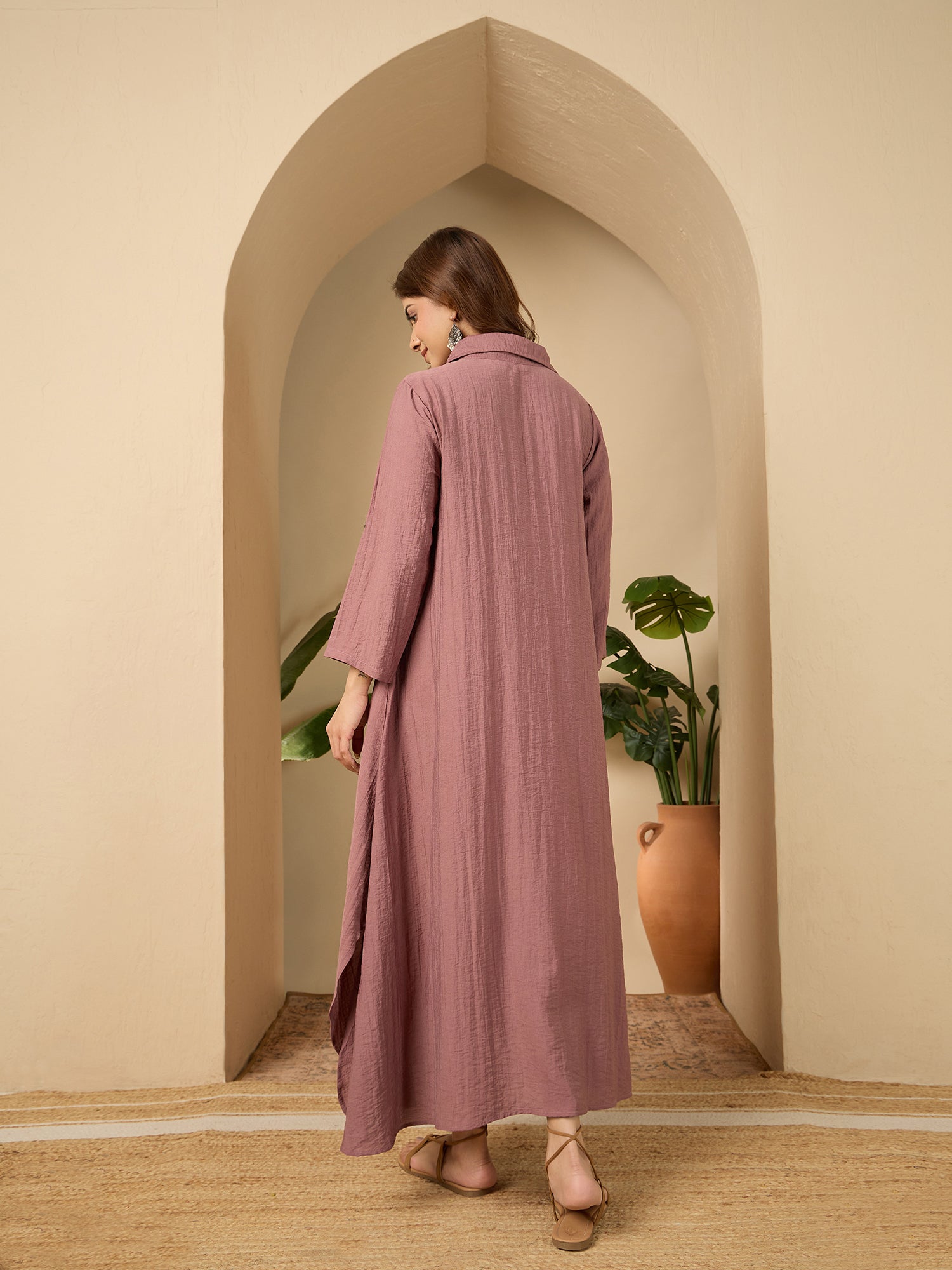 Rose Pink Shirt Collar Long Dress
