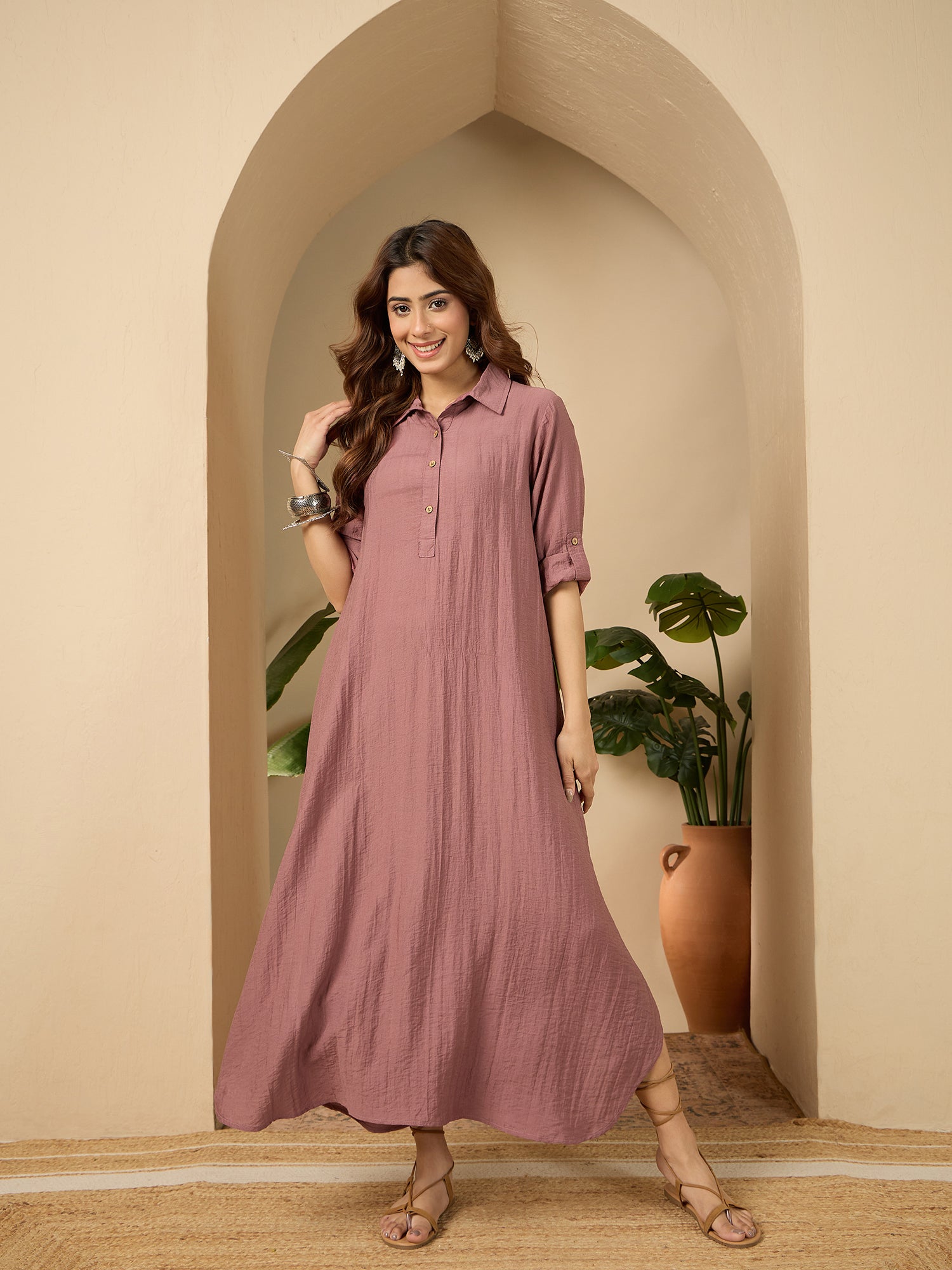 Rose Pink Shirt Collar Long Dress