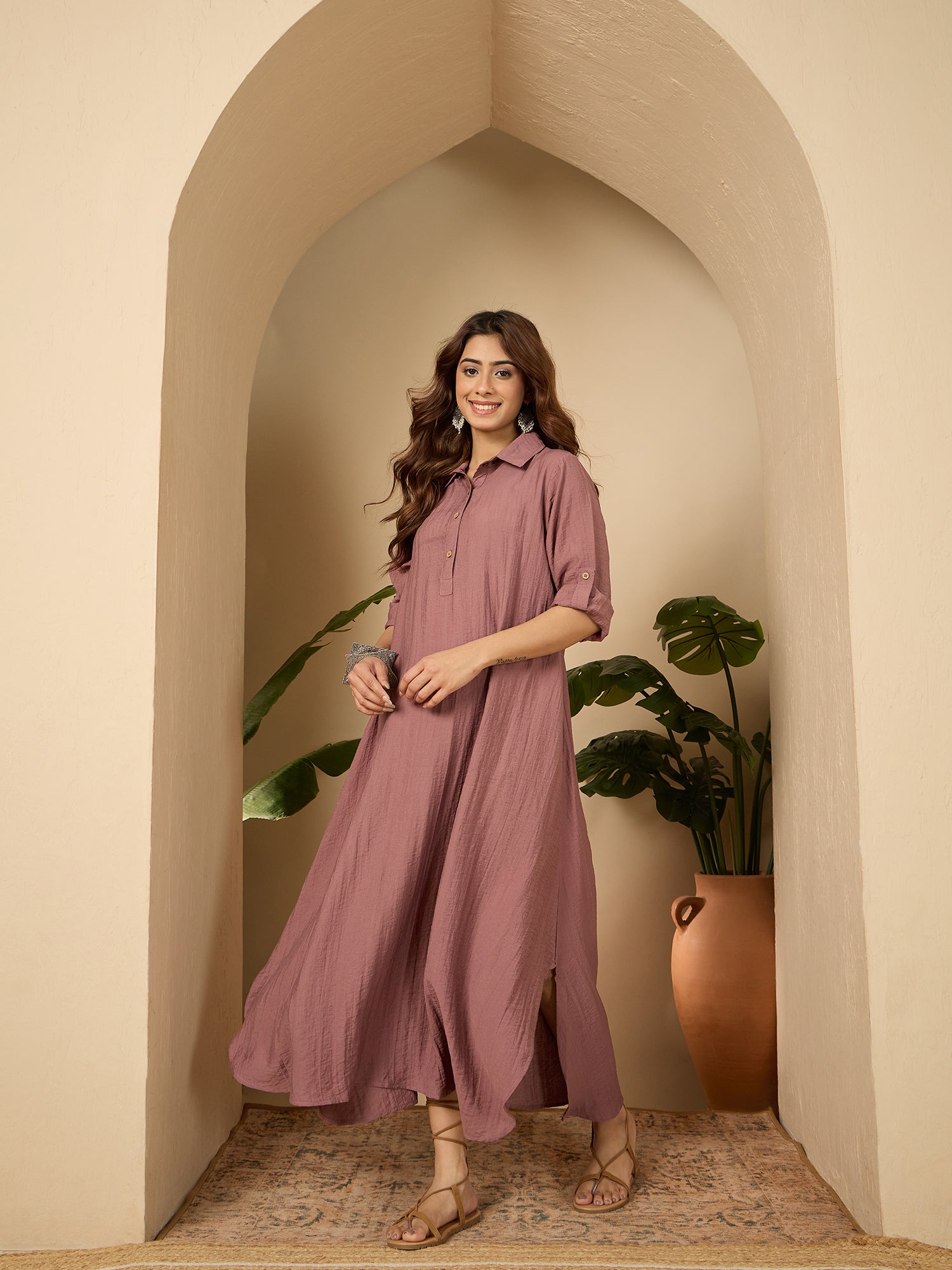 Rose Pink Shirt Collar Long Dress