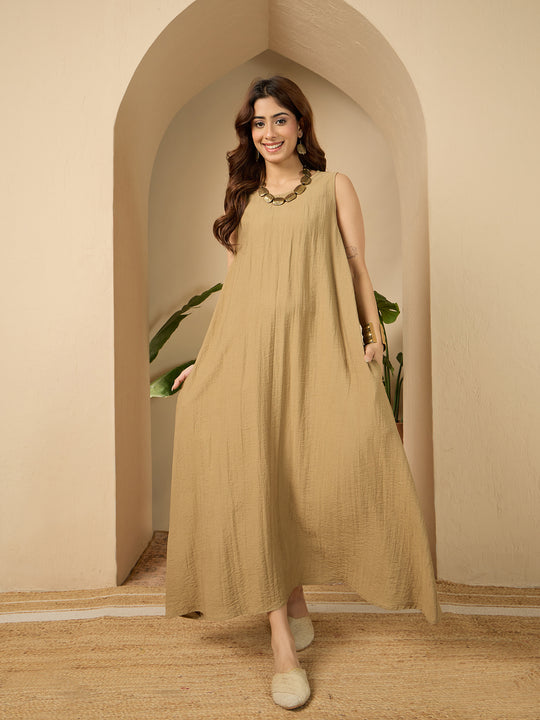 Khaki Round Neck Long Dress