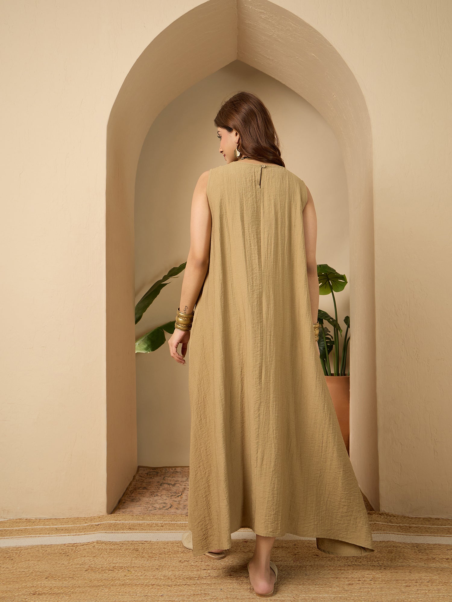 Khaki Round Neck Long Dress