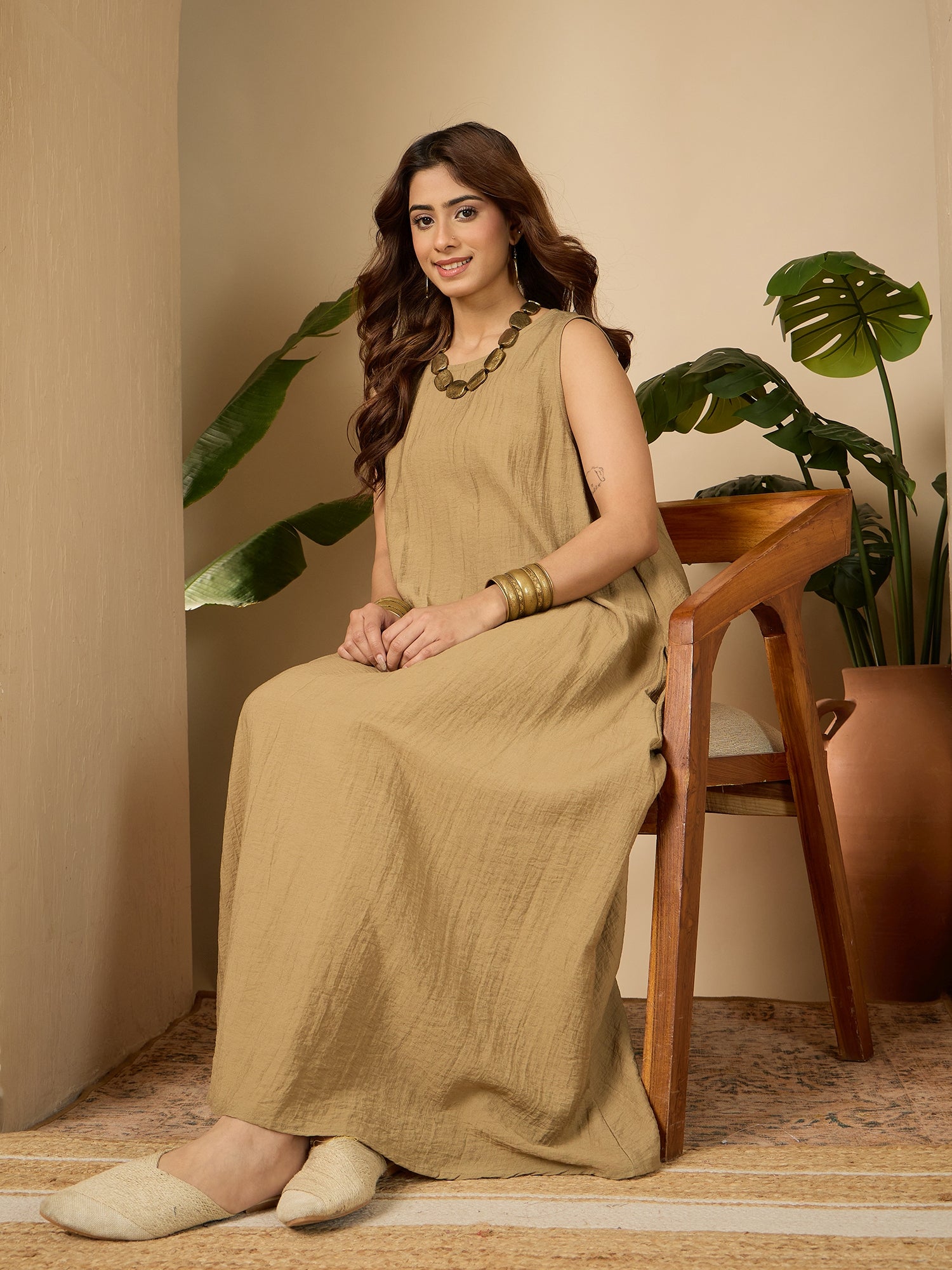 Khaki Round Neck Long Dress