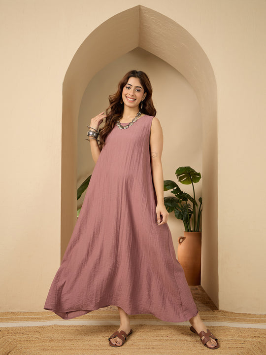 Rose Pink Round Neck Long Dress