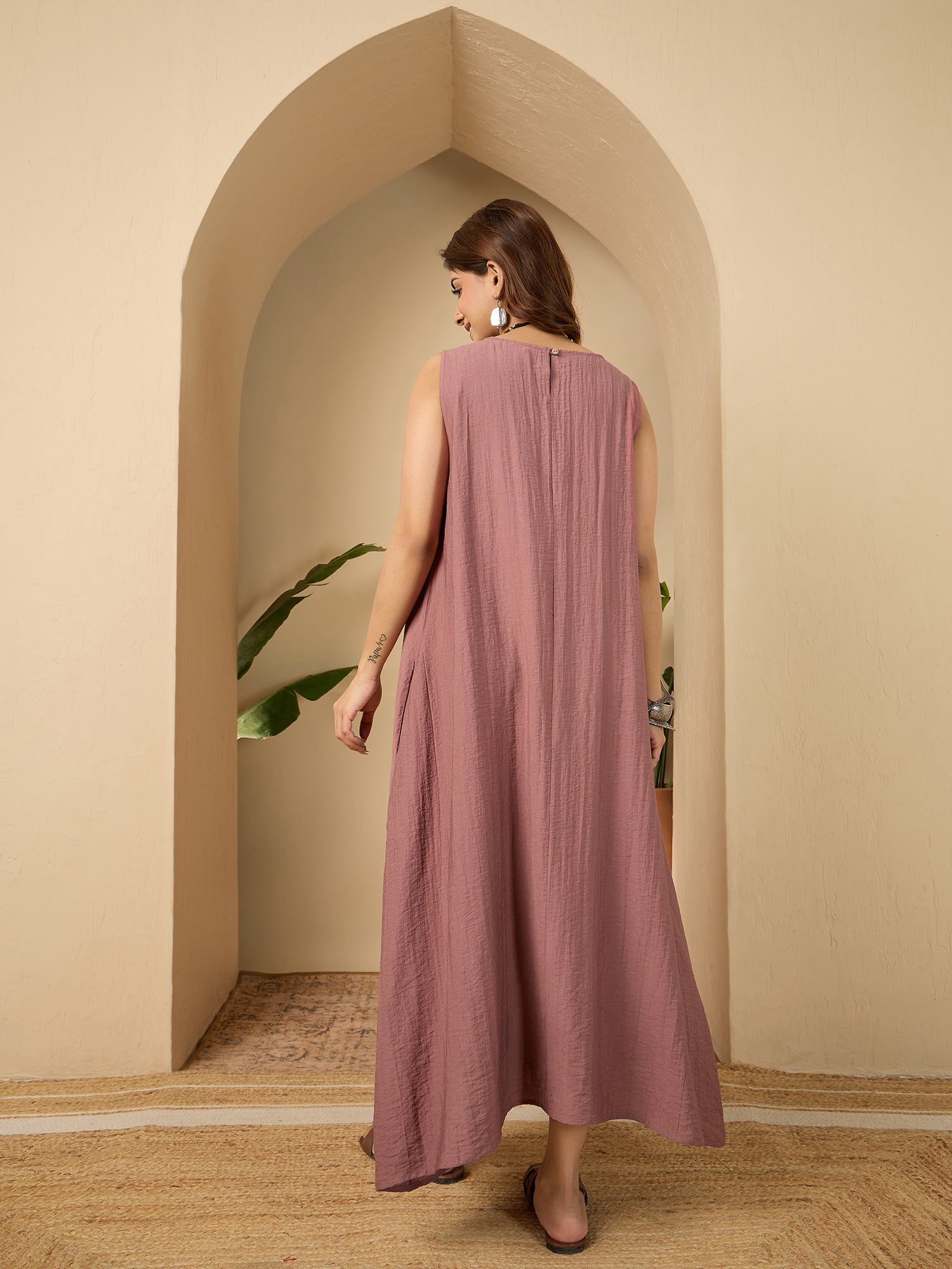 Rose Pink Round Neck Long Dress