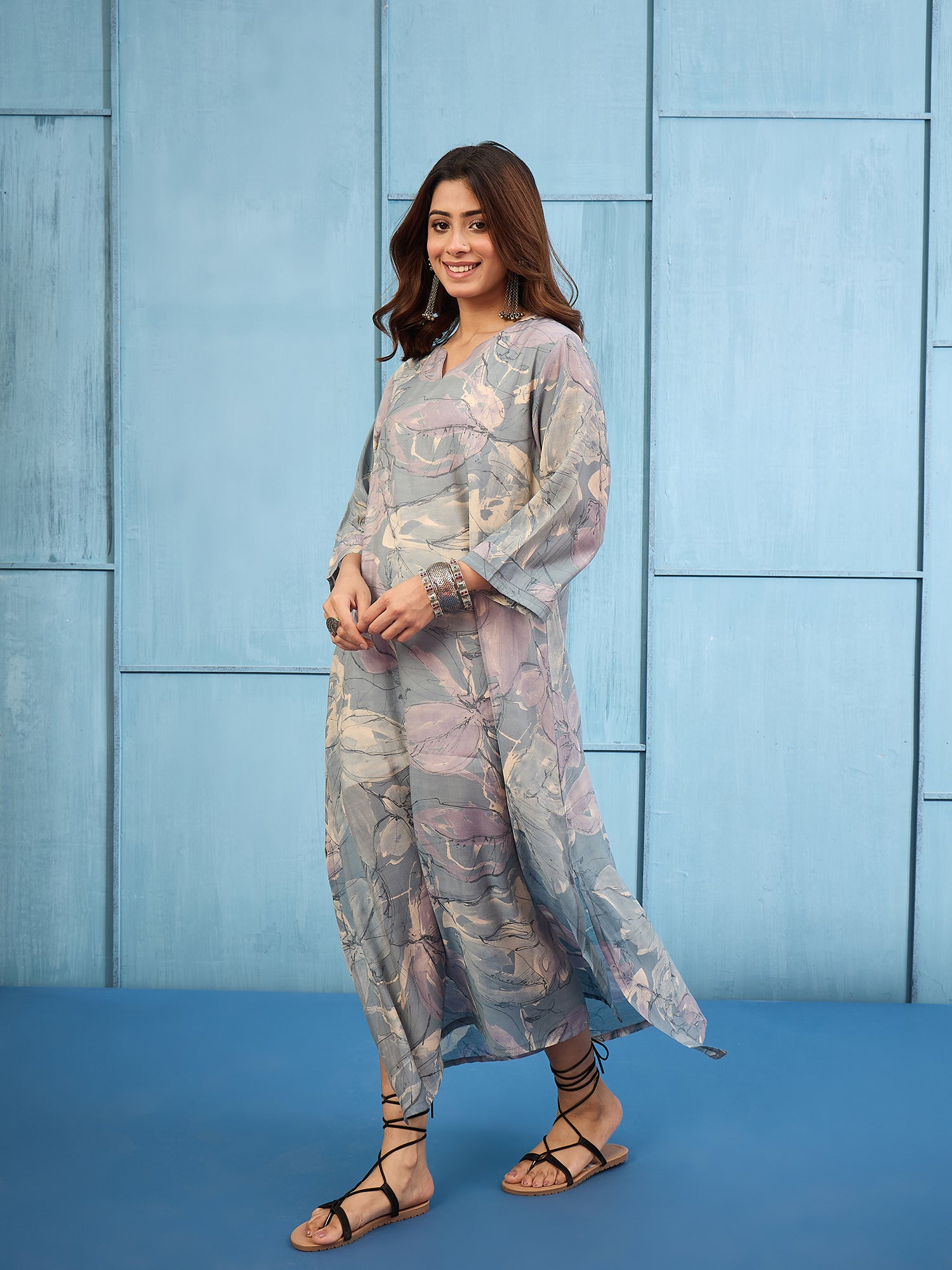Stone Blue Cream V Neck Long Dress