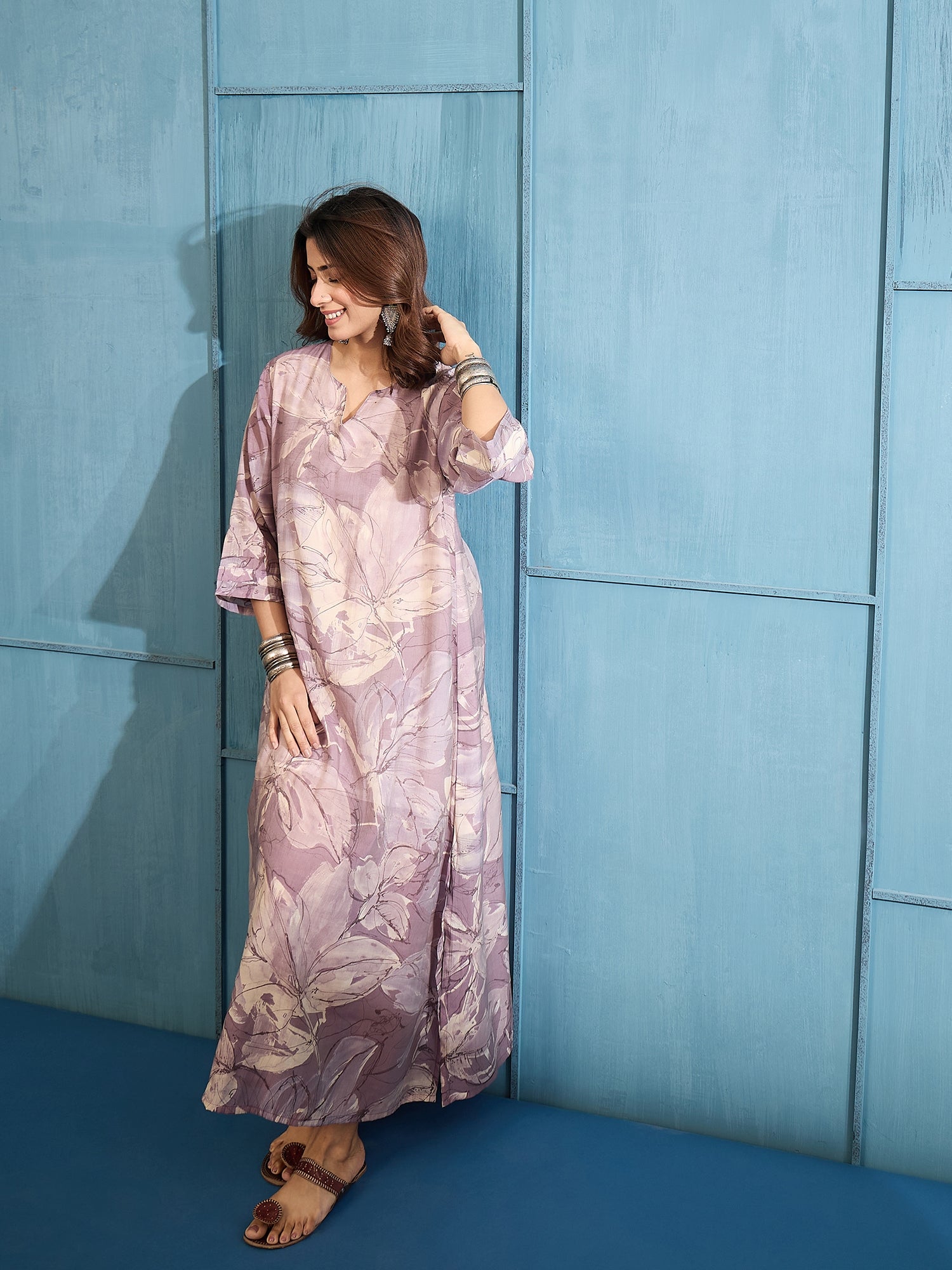 Dusty Mauve V Neck Long Dress