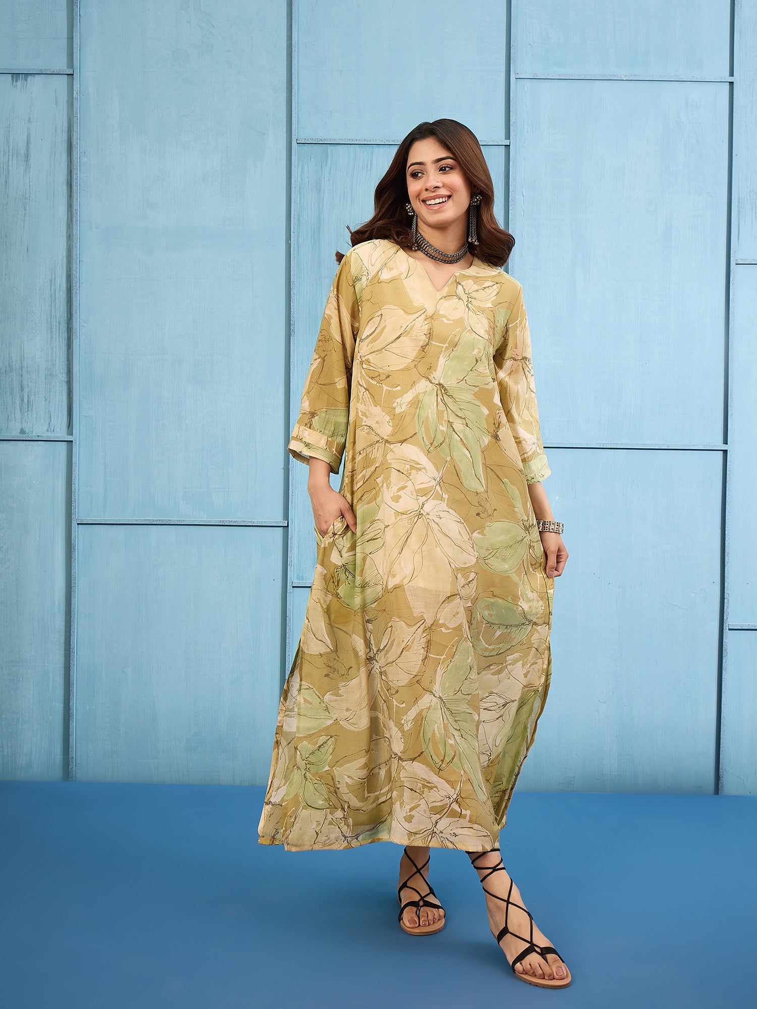 Light Olive V Neck Long Dress