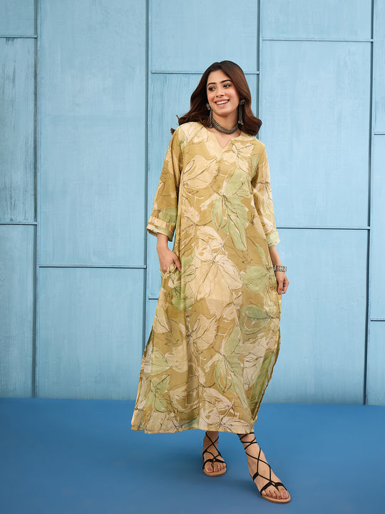 Light Olive V Neck Long Dress
