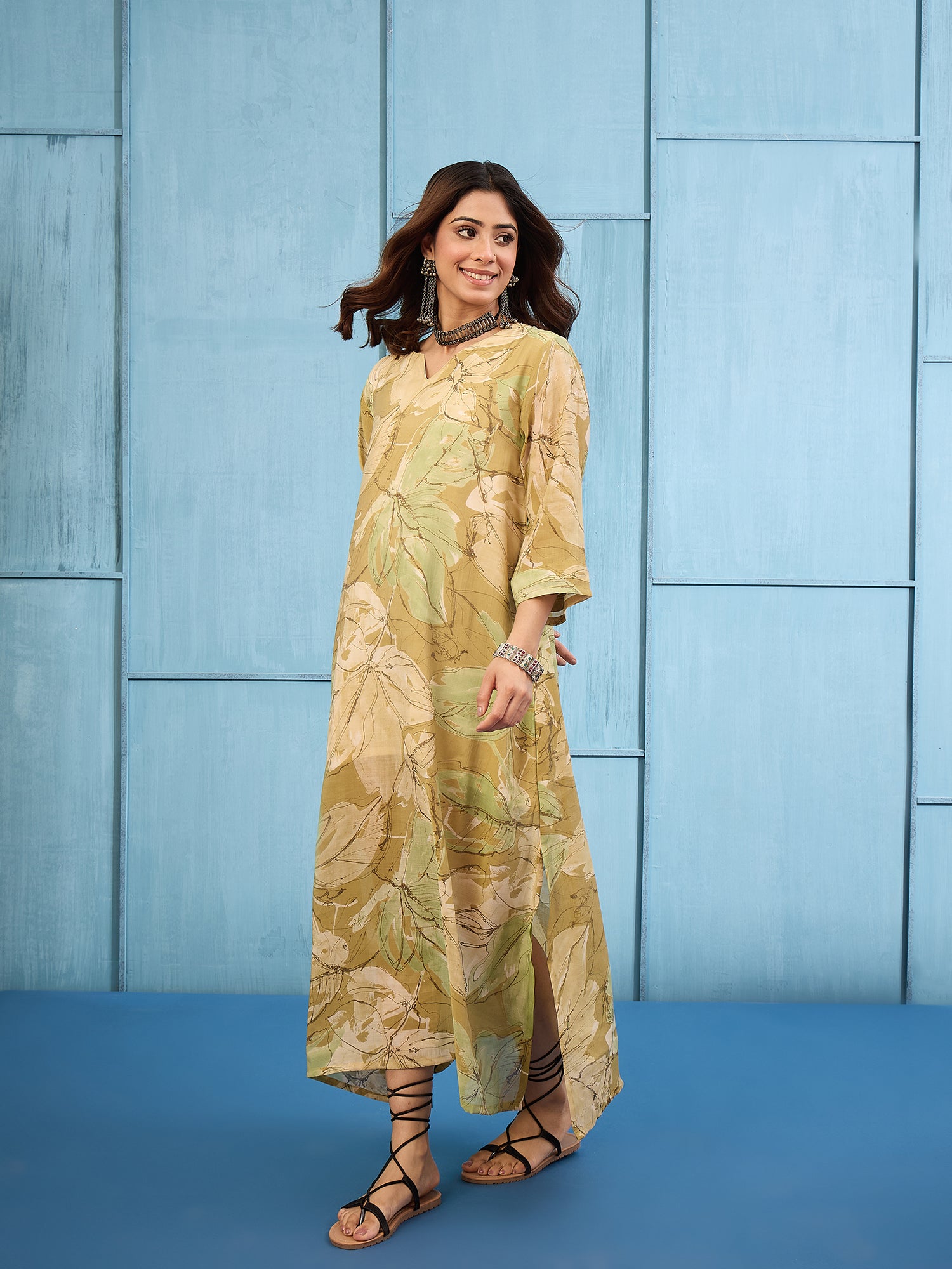 Light Olive V Neck Long Dress