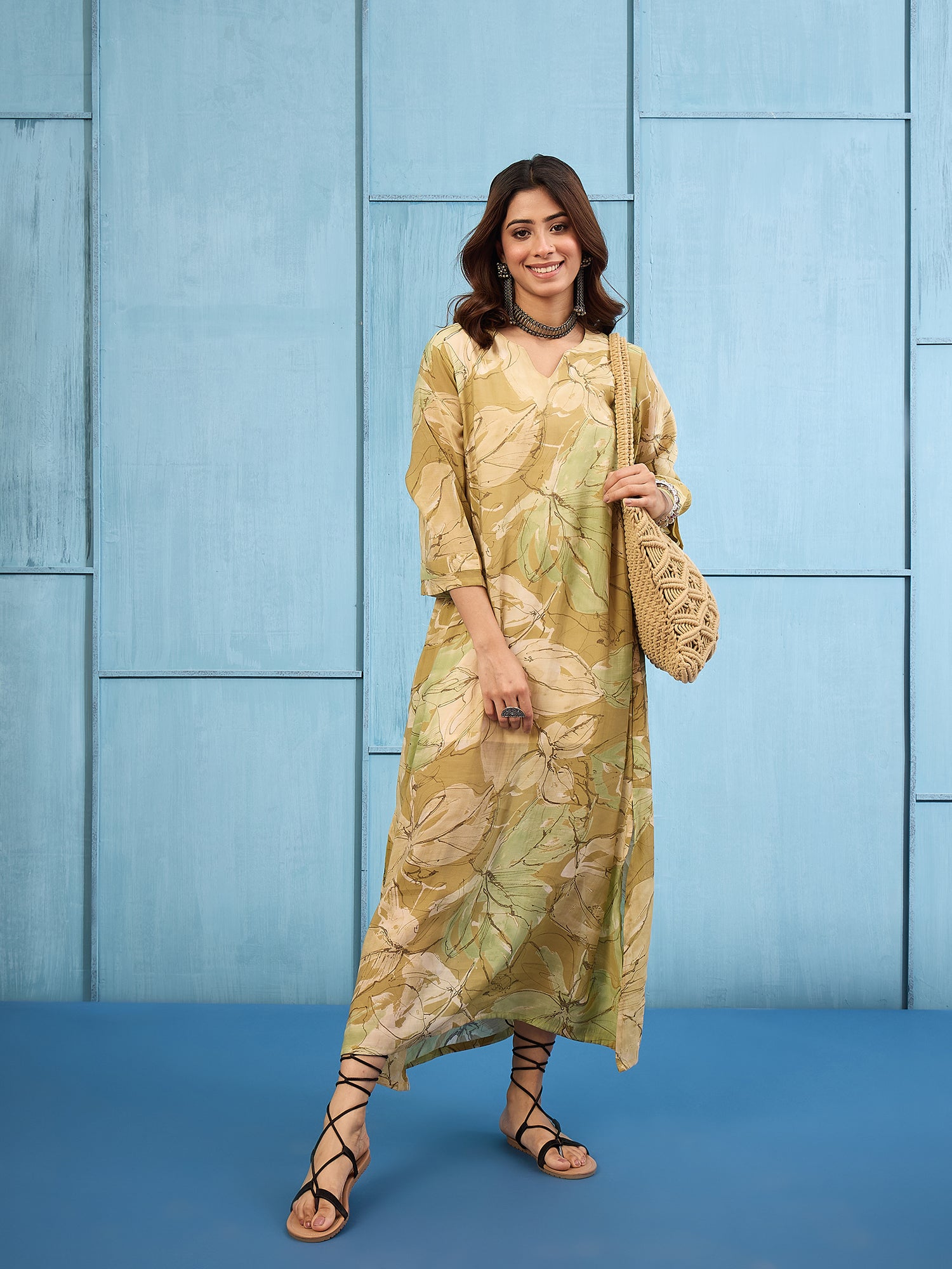 Light Olive V Neck Long Dress