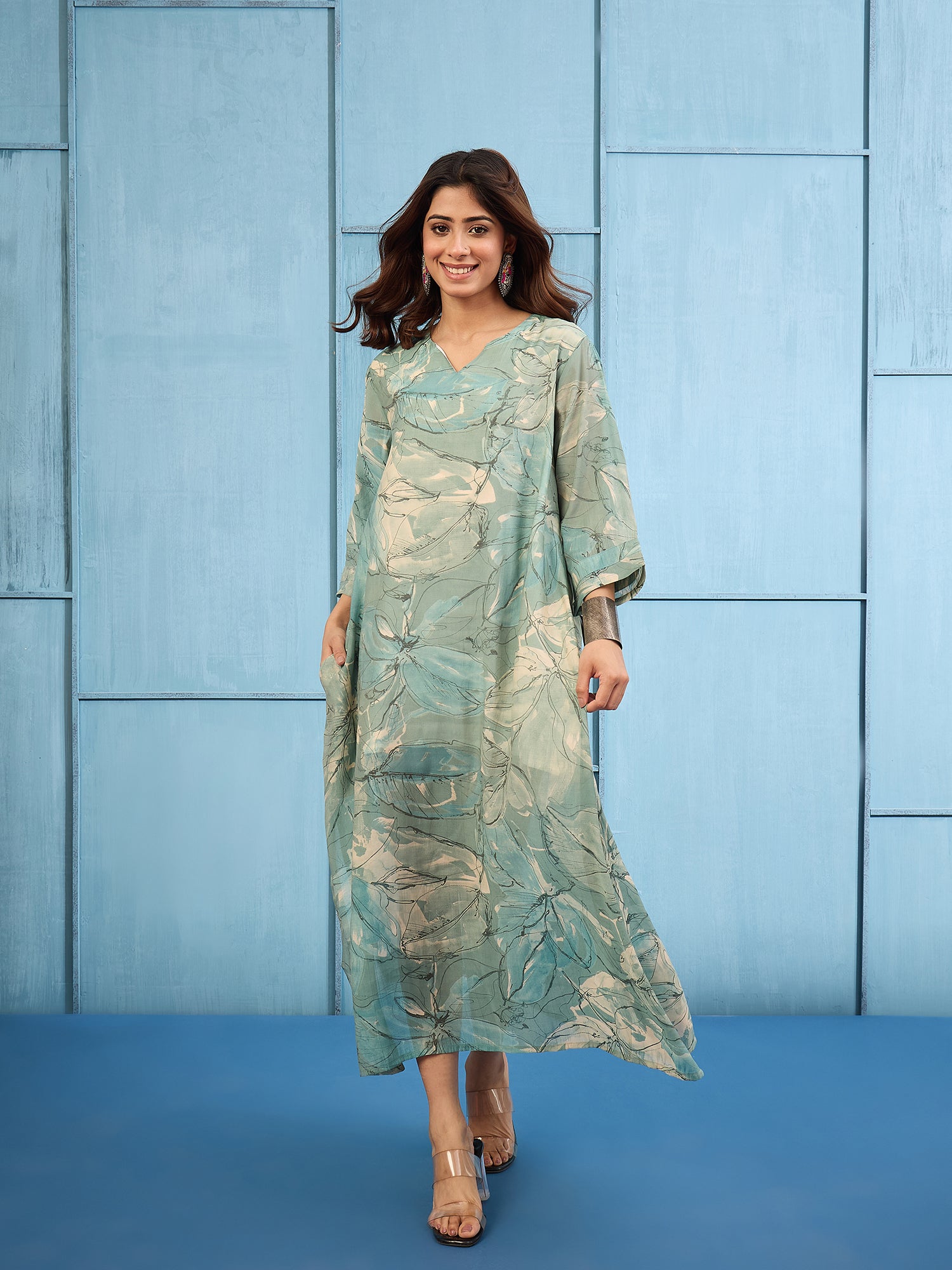 Steel Blue V Neck Long Dress