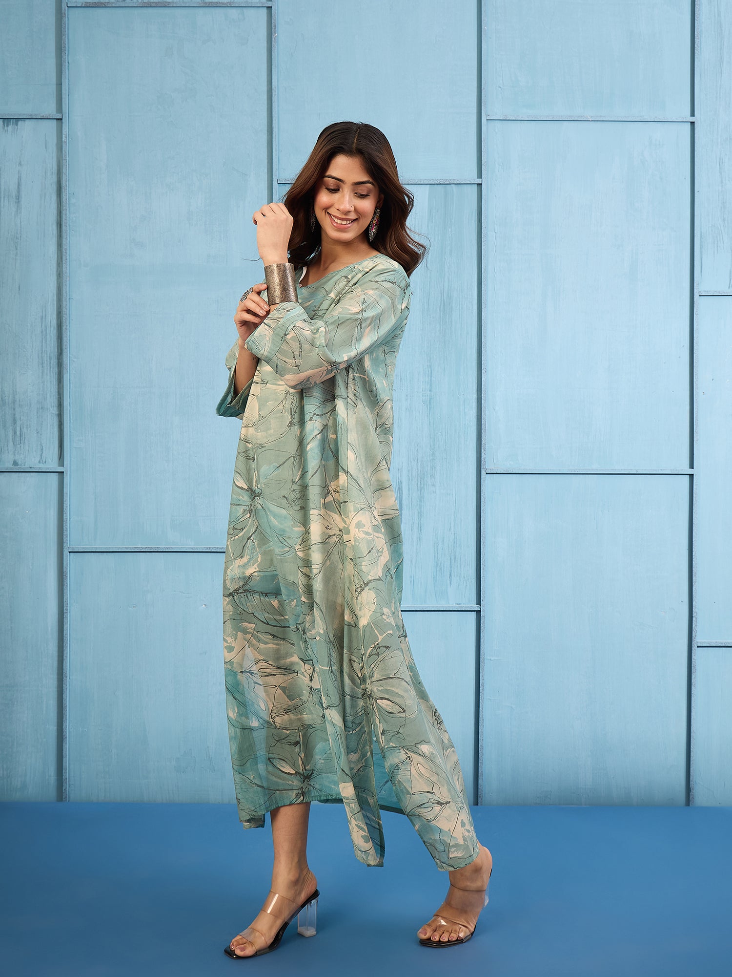 Steel Blue V Neck Long Dress