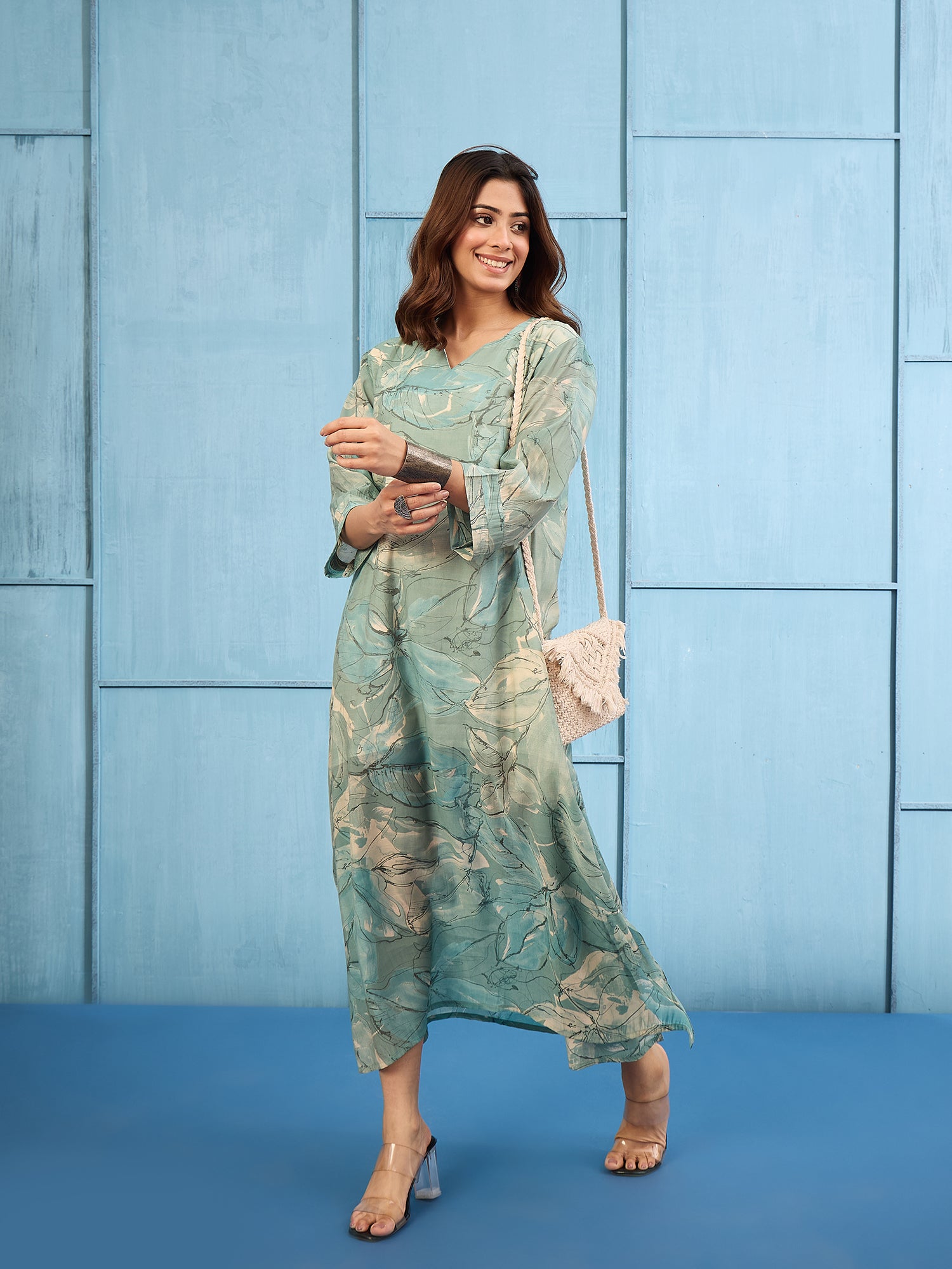 Steel Blue V Neck Long Dress