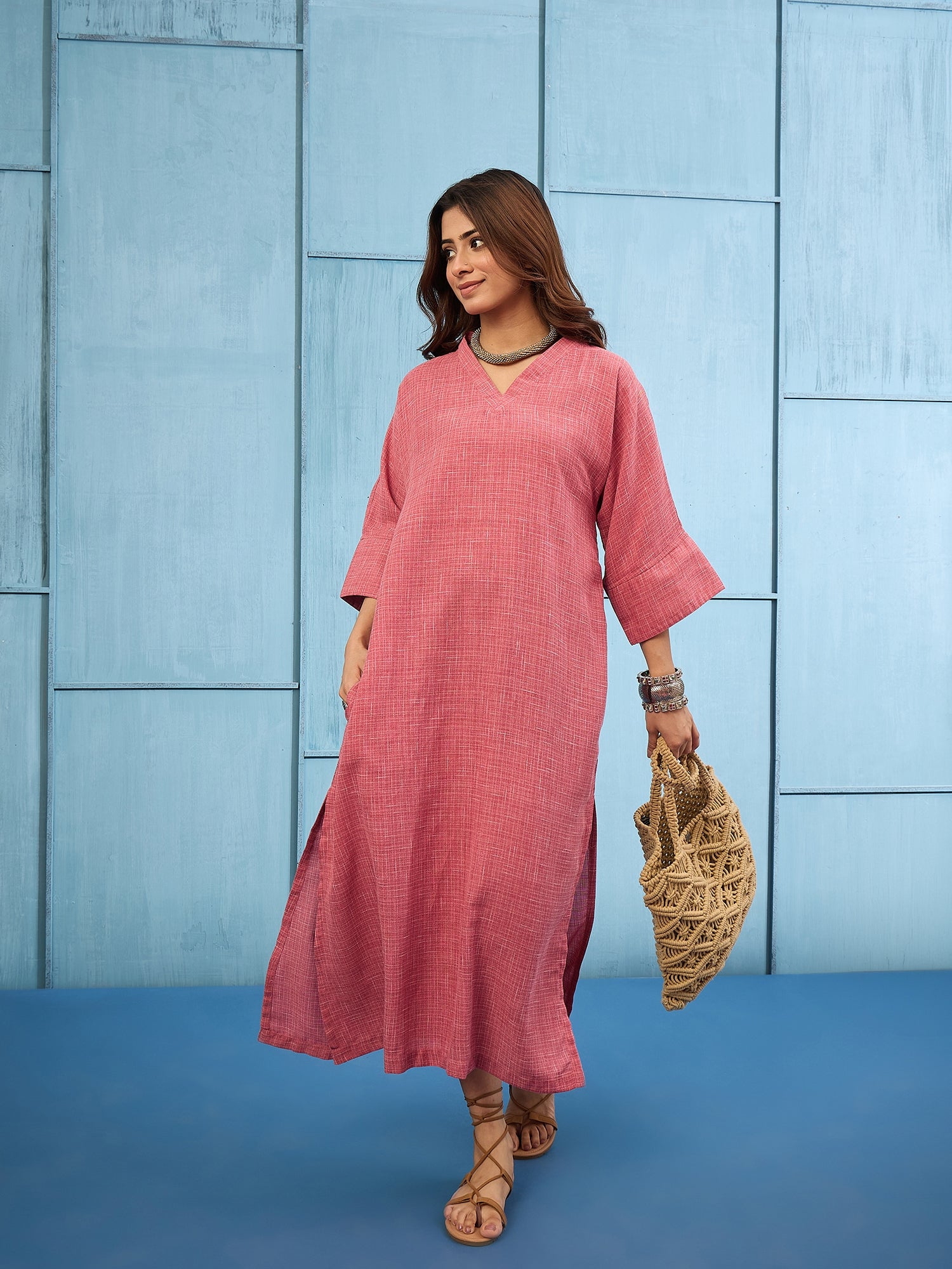 Dusty Pink Khadi Linen Long Dress