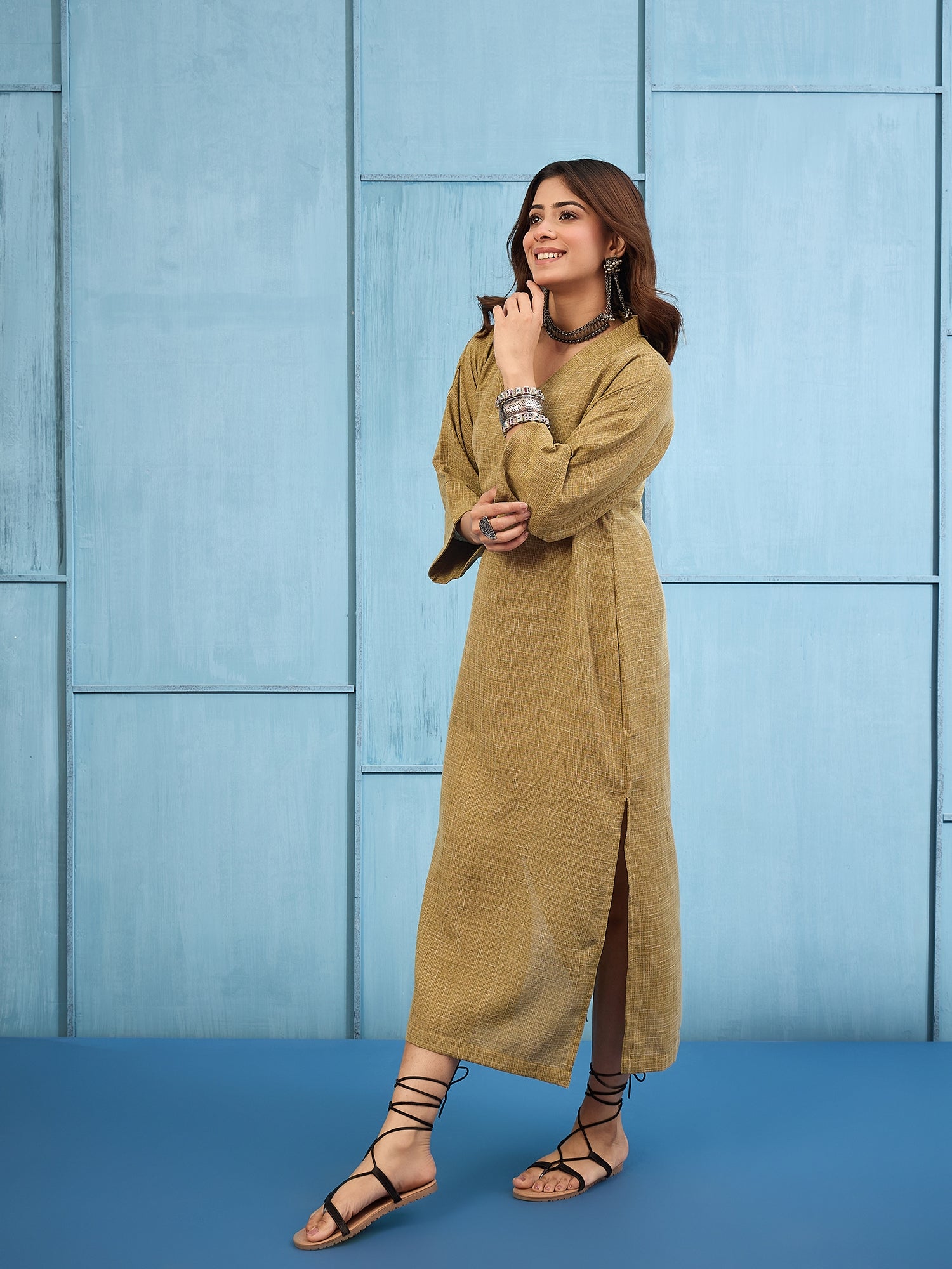 Olive Khadi Linen V Neck Long Dress