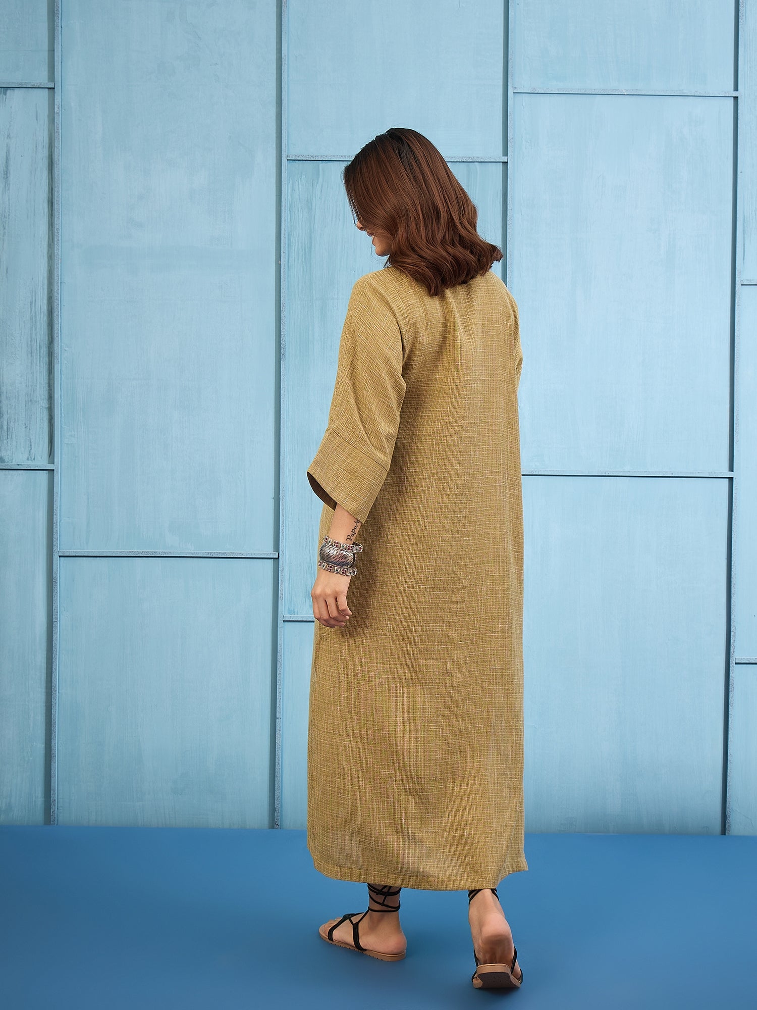 Olive Khadi Linen V Neck Long Dress