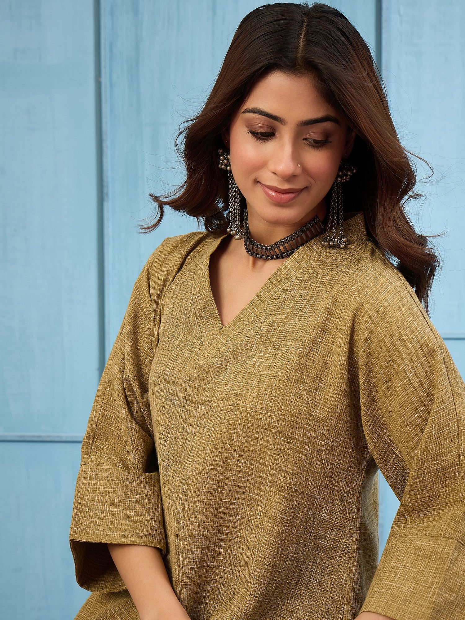 Olive Khadi Linen V Neck Long Dress