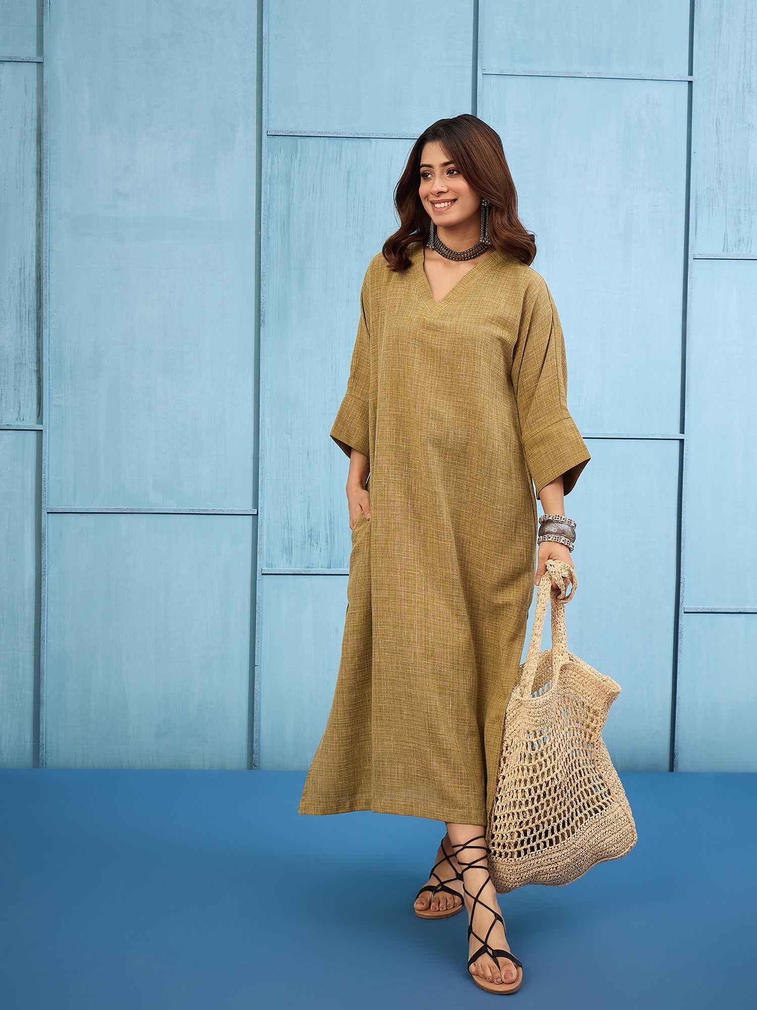 Olive Khadi Linen V Neck Long Dress