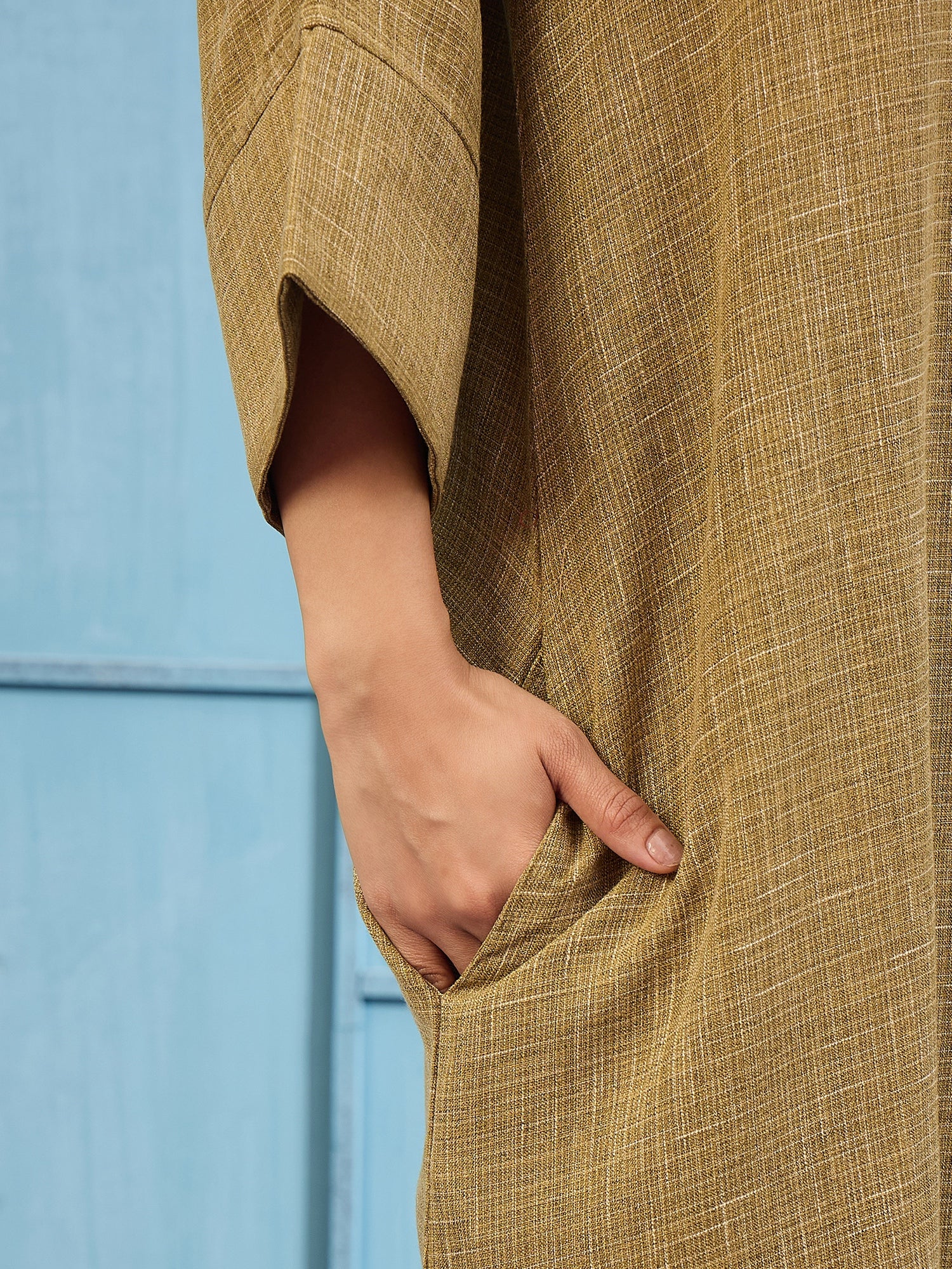 Olive Khadi Linen V Neck Long Dress