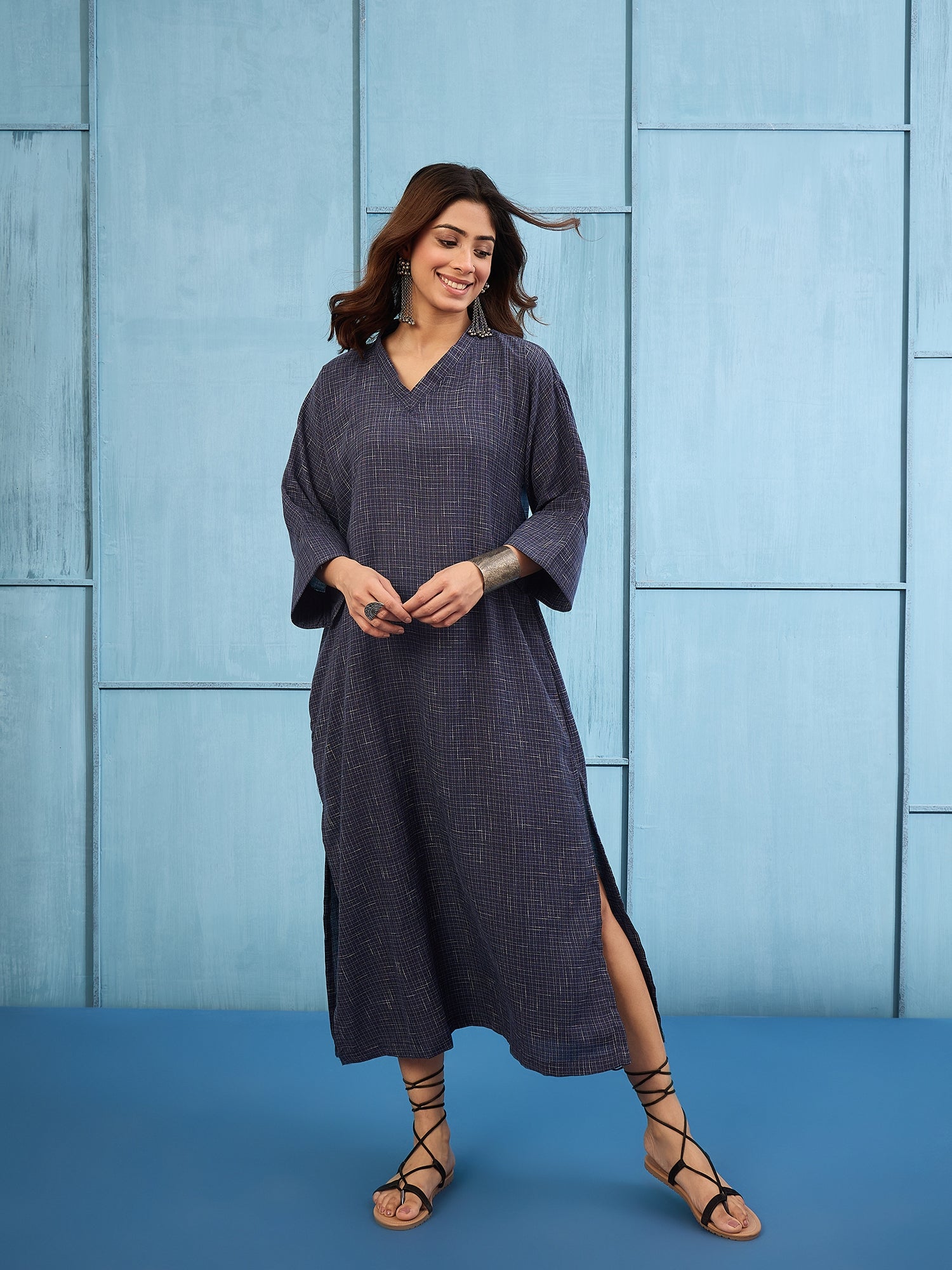 Navy Blue Khadi Linen V Neck Long Dress