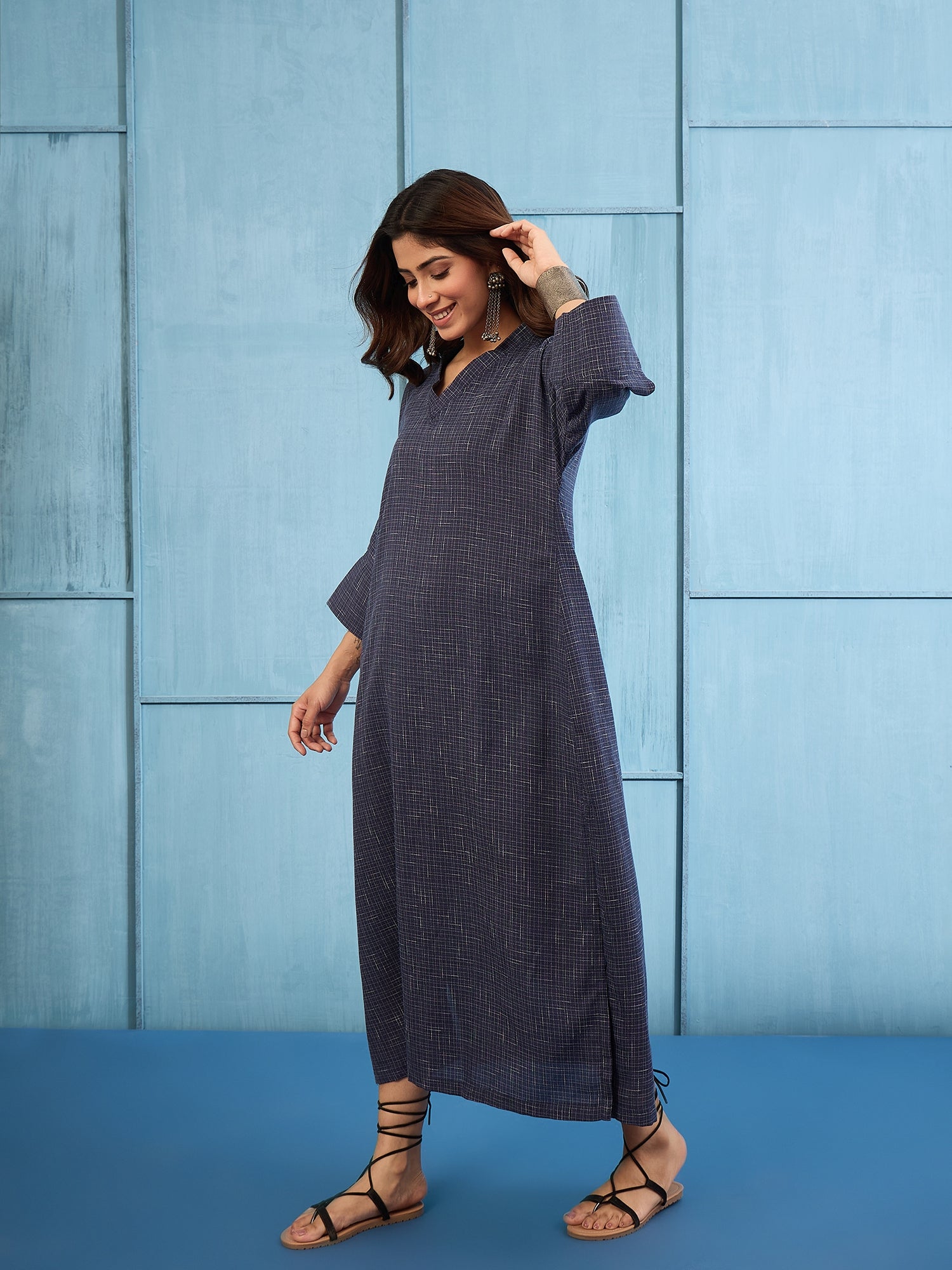Navy Blue Khadi Linen V Neck Long Dress