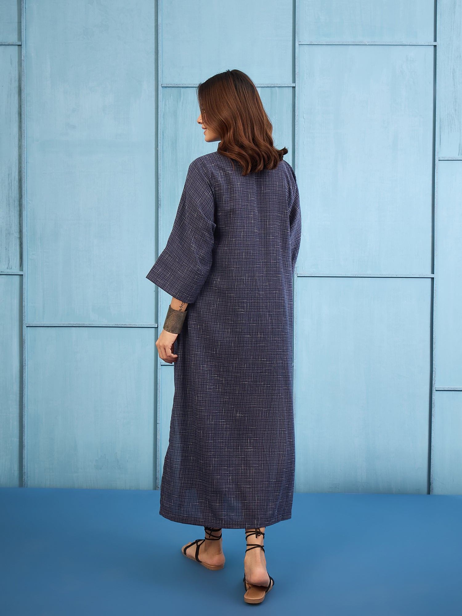 Navy Blue Khadi Linen V Neck Long Dress