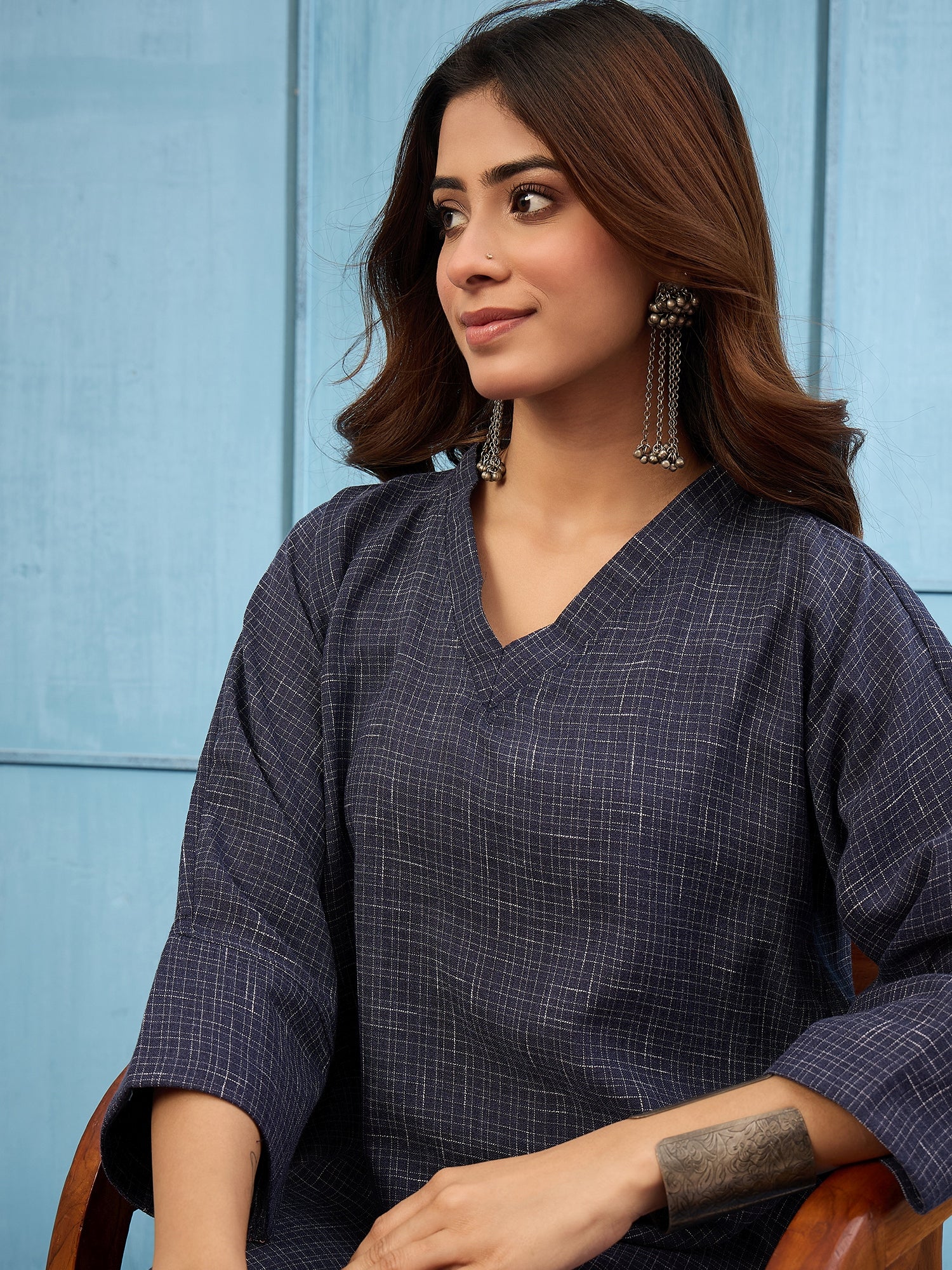 Navy Blue Khadi Linen V Neck Long Dress