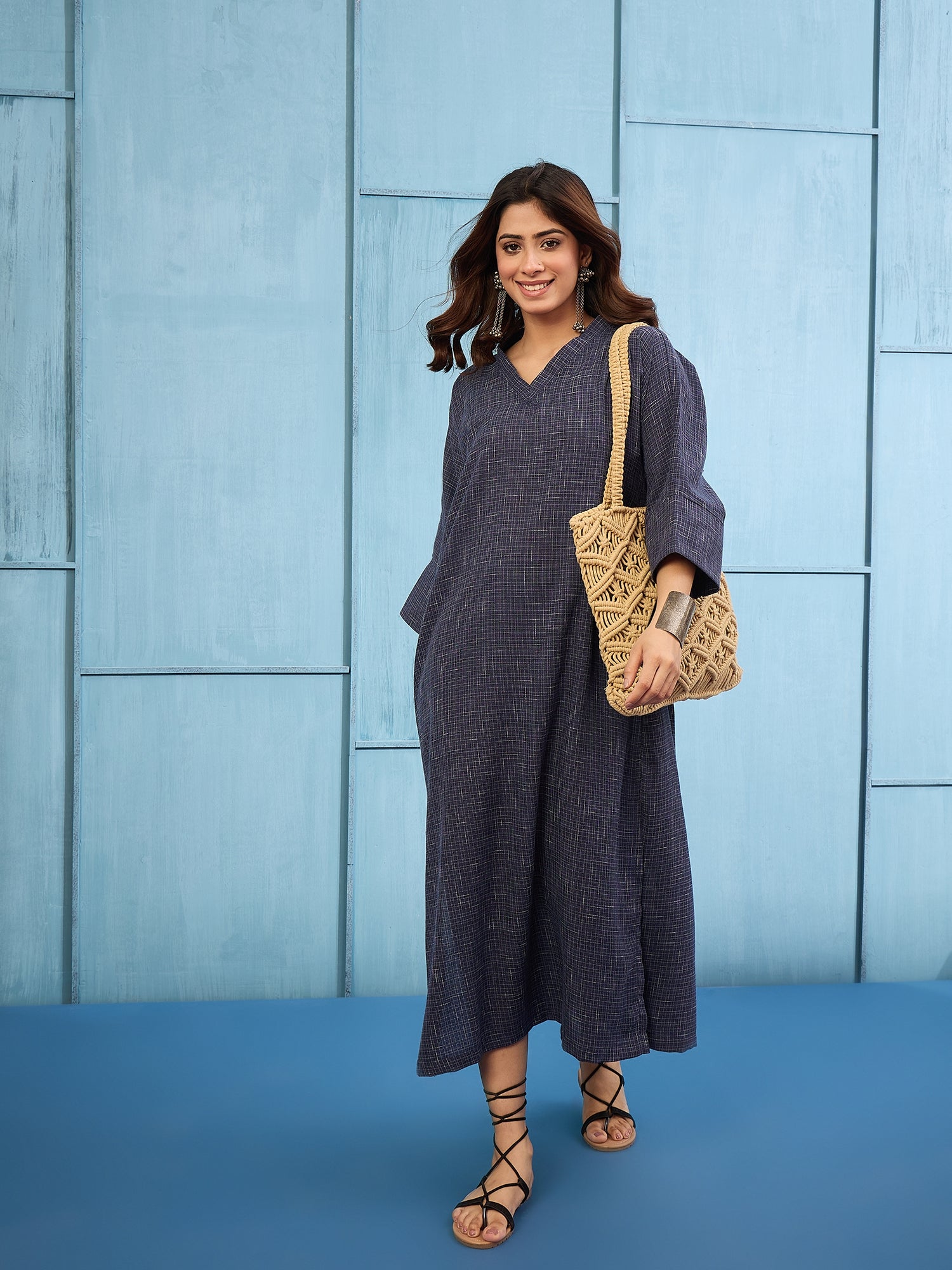 Navy Blue Khadi Linen V Neck Long Dress