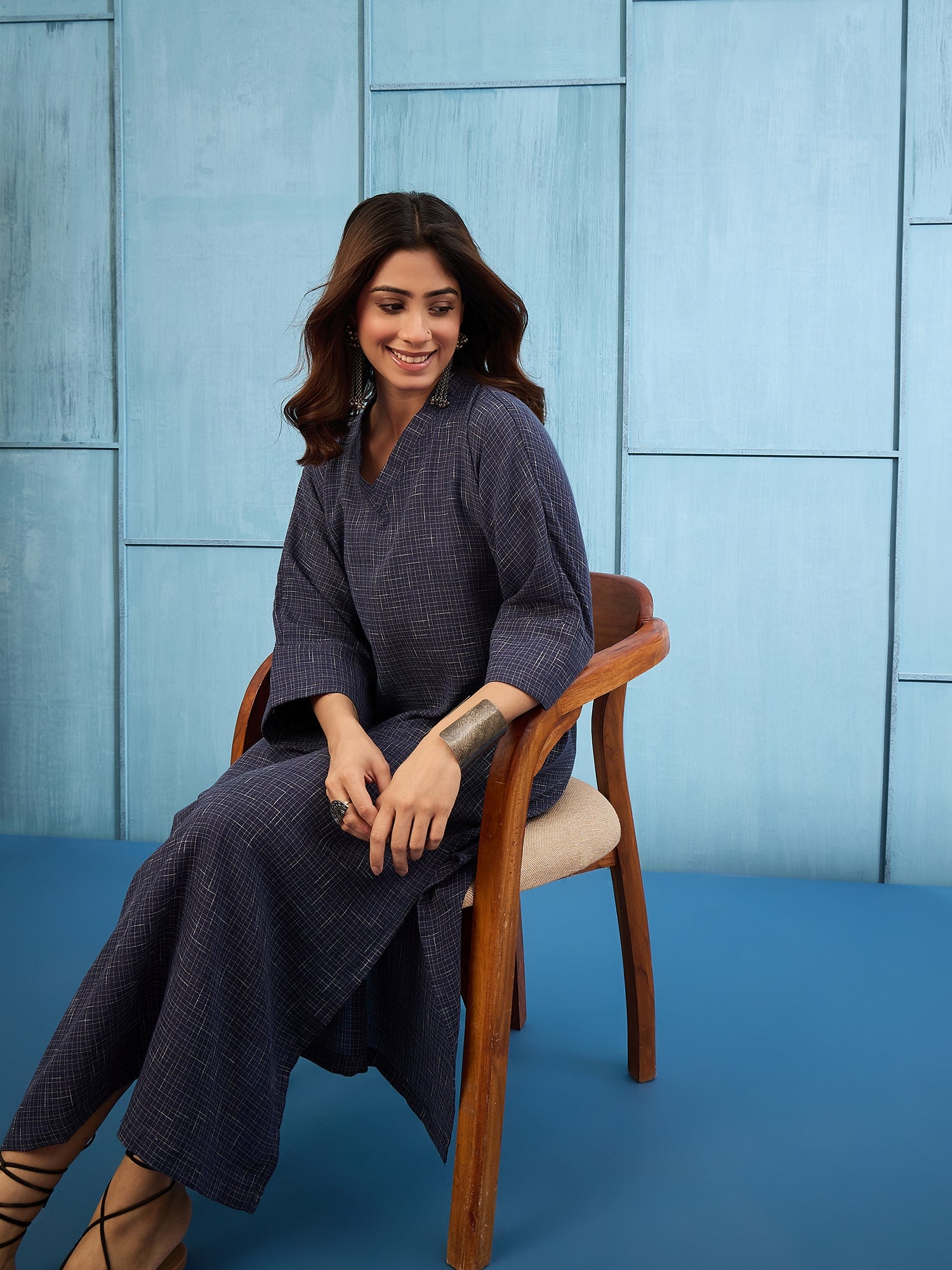 Navy Blue Khadi Linen V Neck Long Dress