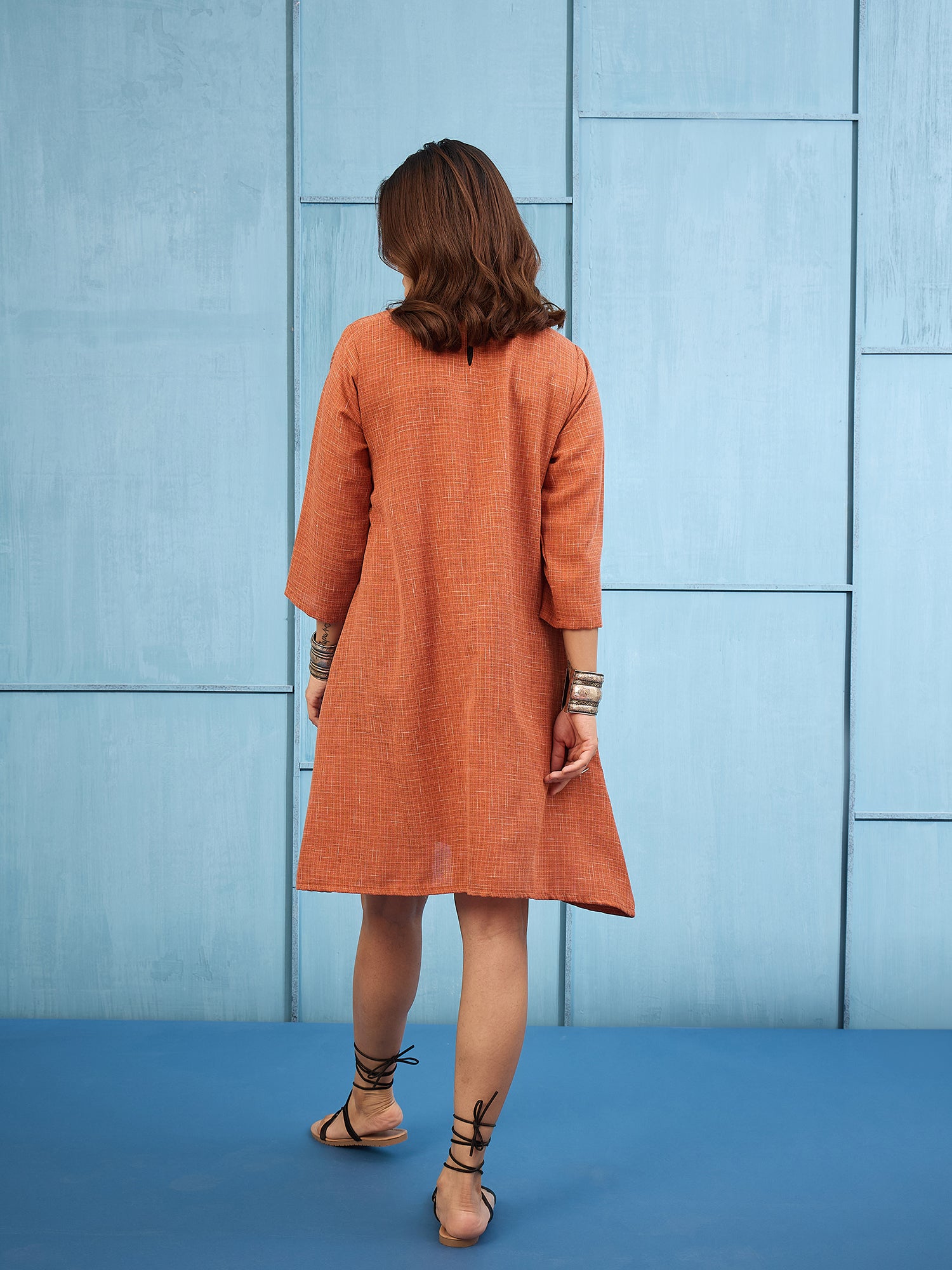 Rust Khadi Linen Short Dress
