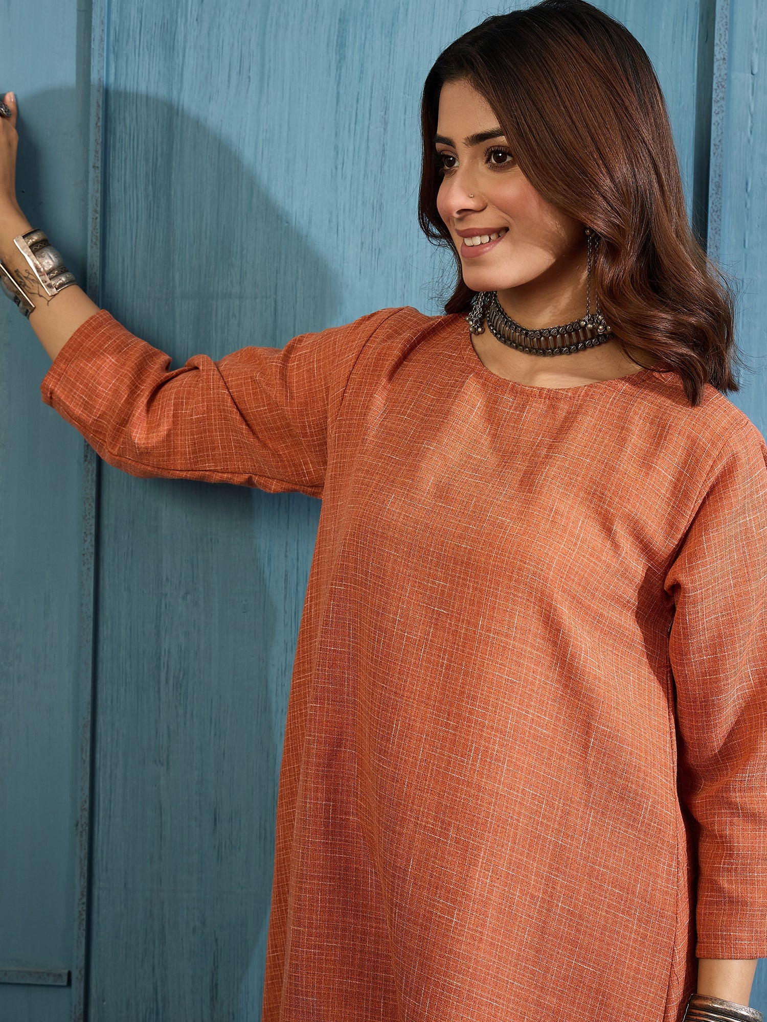 Rust Khadi Linen Short Dress