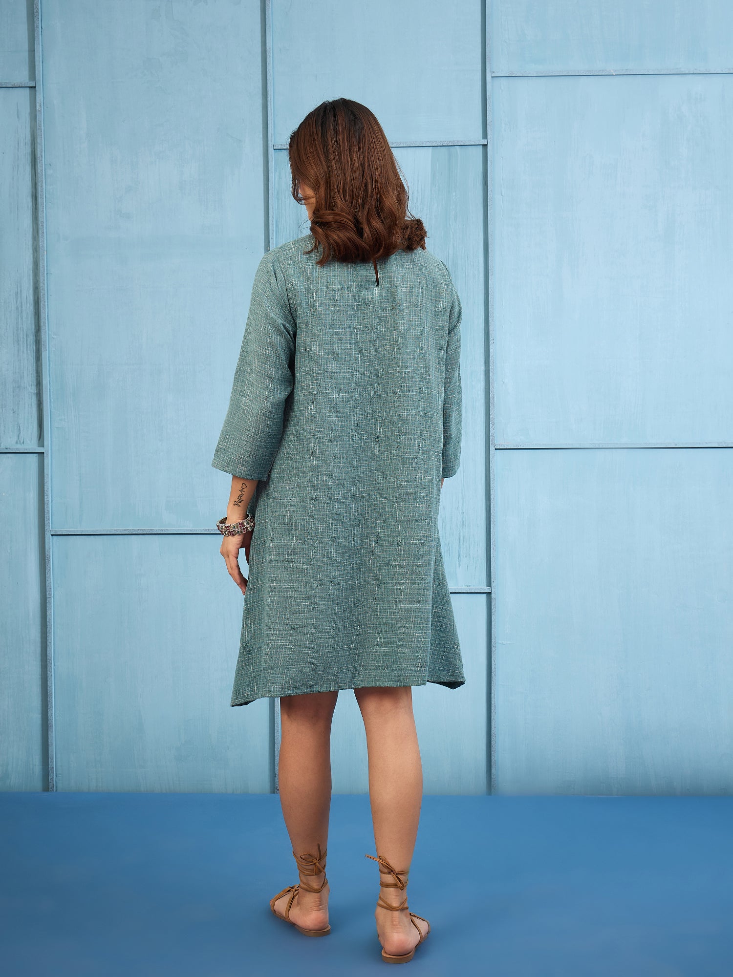Stone Blue Khadi Linen Short Dress