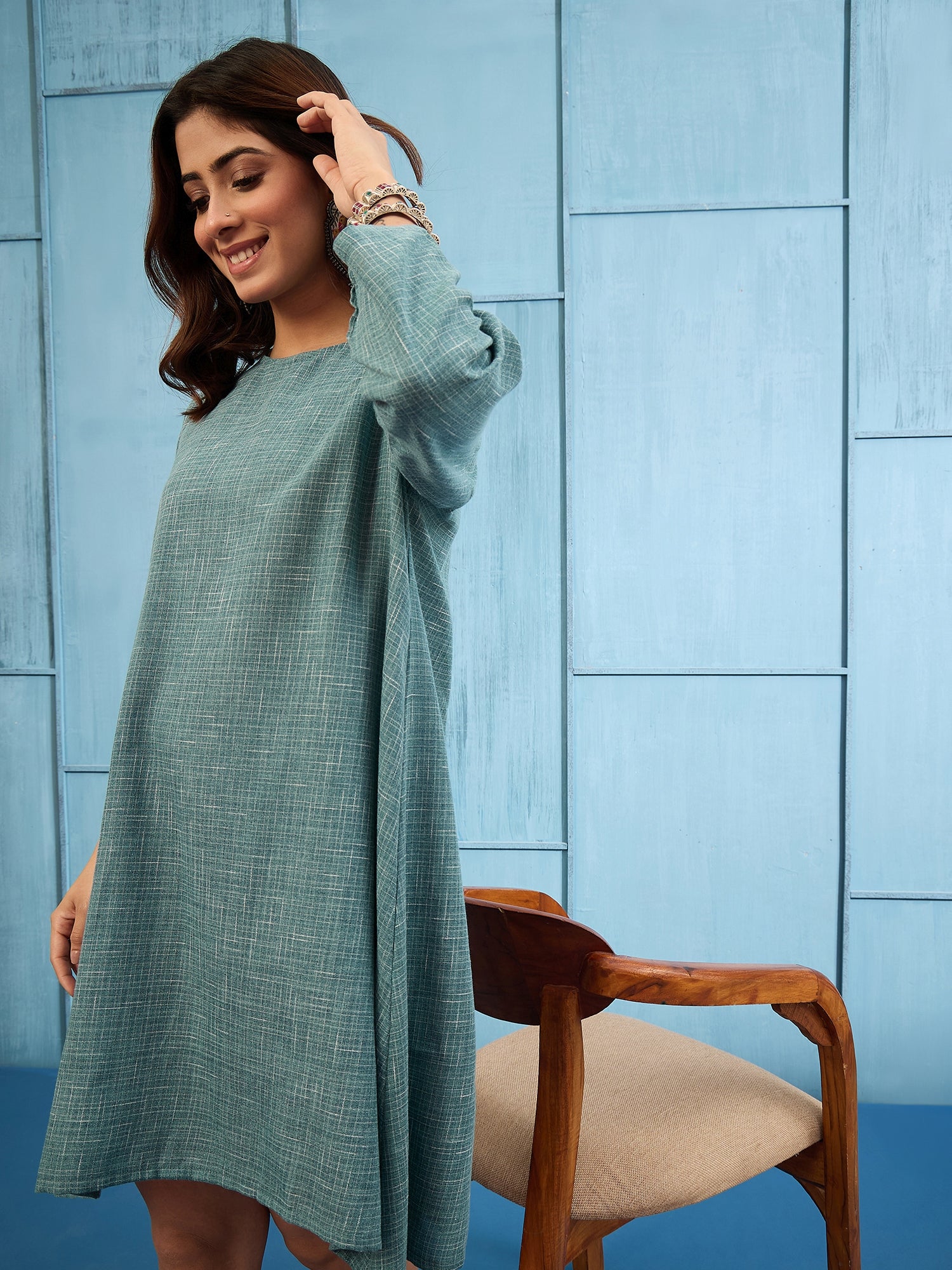 Stone Blue Khadi Linen Short Dress